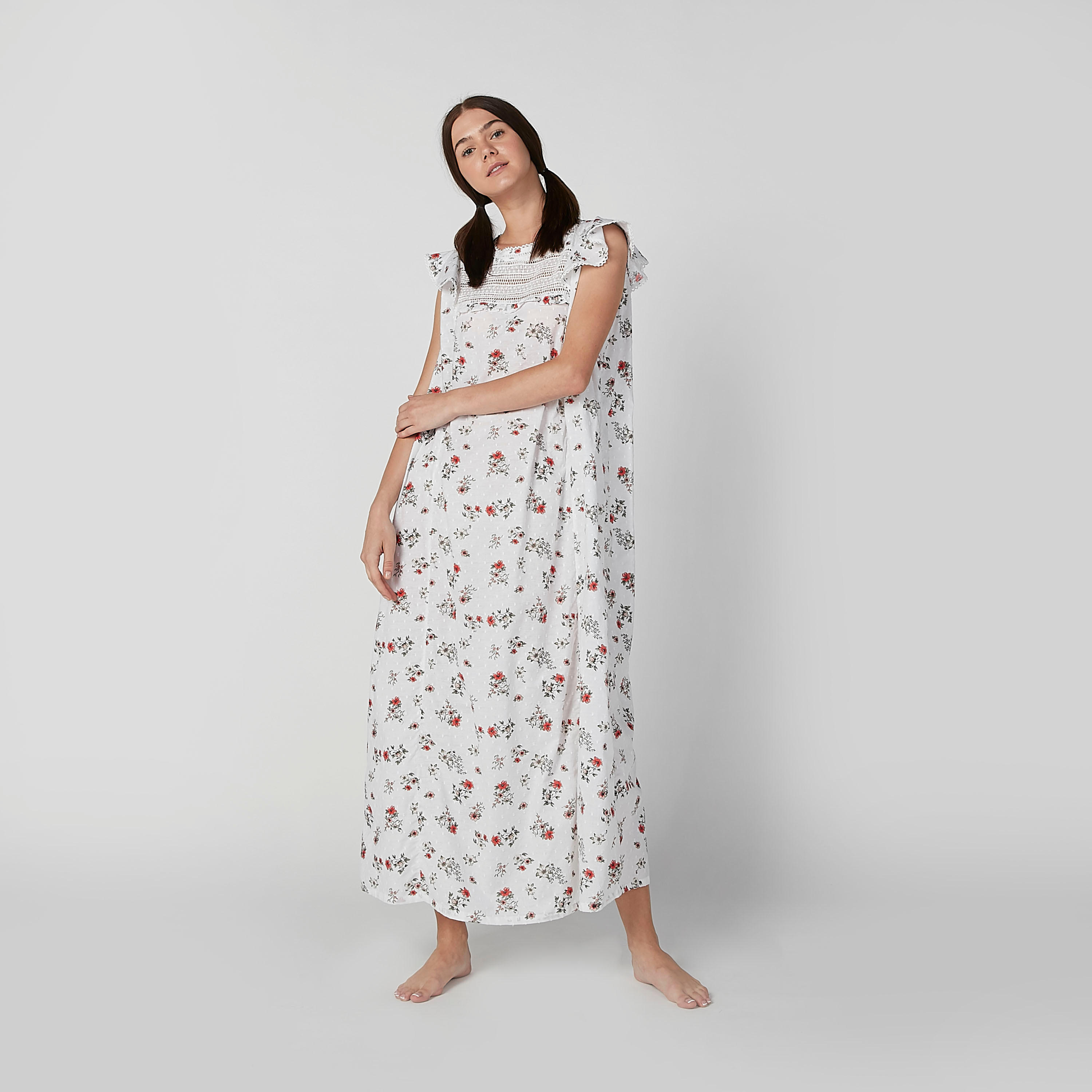 قميص نوم طويل بأكمام كاب كشكش وطبعات-women-clothing-nightwear-nighties-image-2