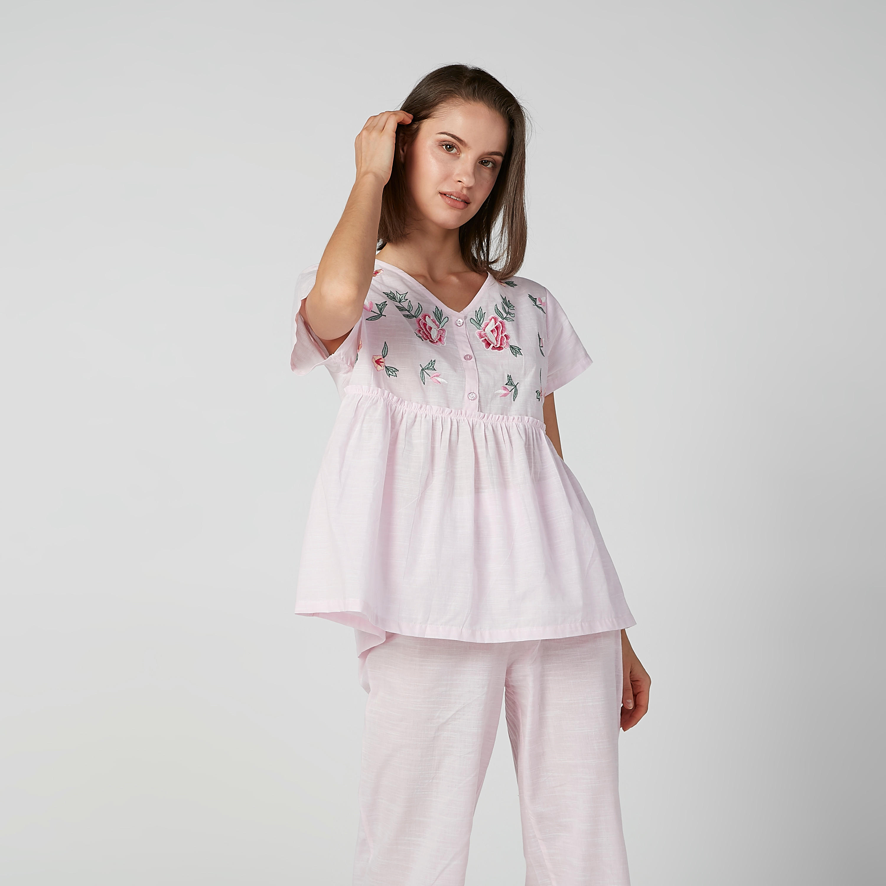 طقم بنطال بيجاما طويل وبلوزة مطرّزة-women-clothing-nightwear-pyjamas-longsets-image-3