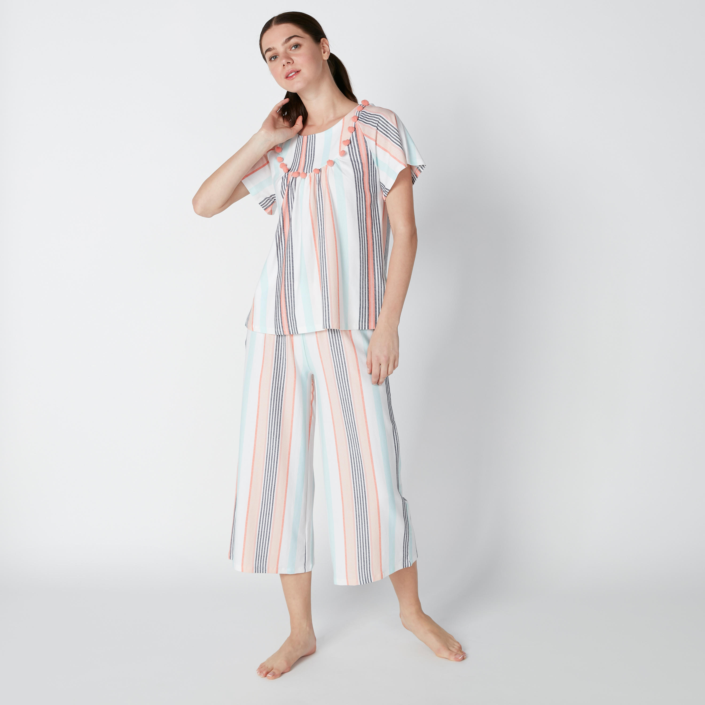 Pom-Pom Detail Top with Striped Culottes-women-clothing-nightwear-pyjamas-longsets-image-1