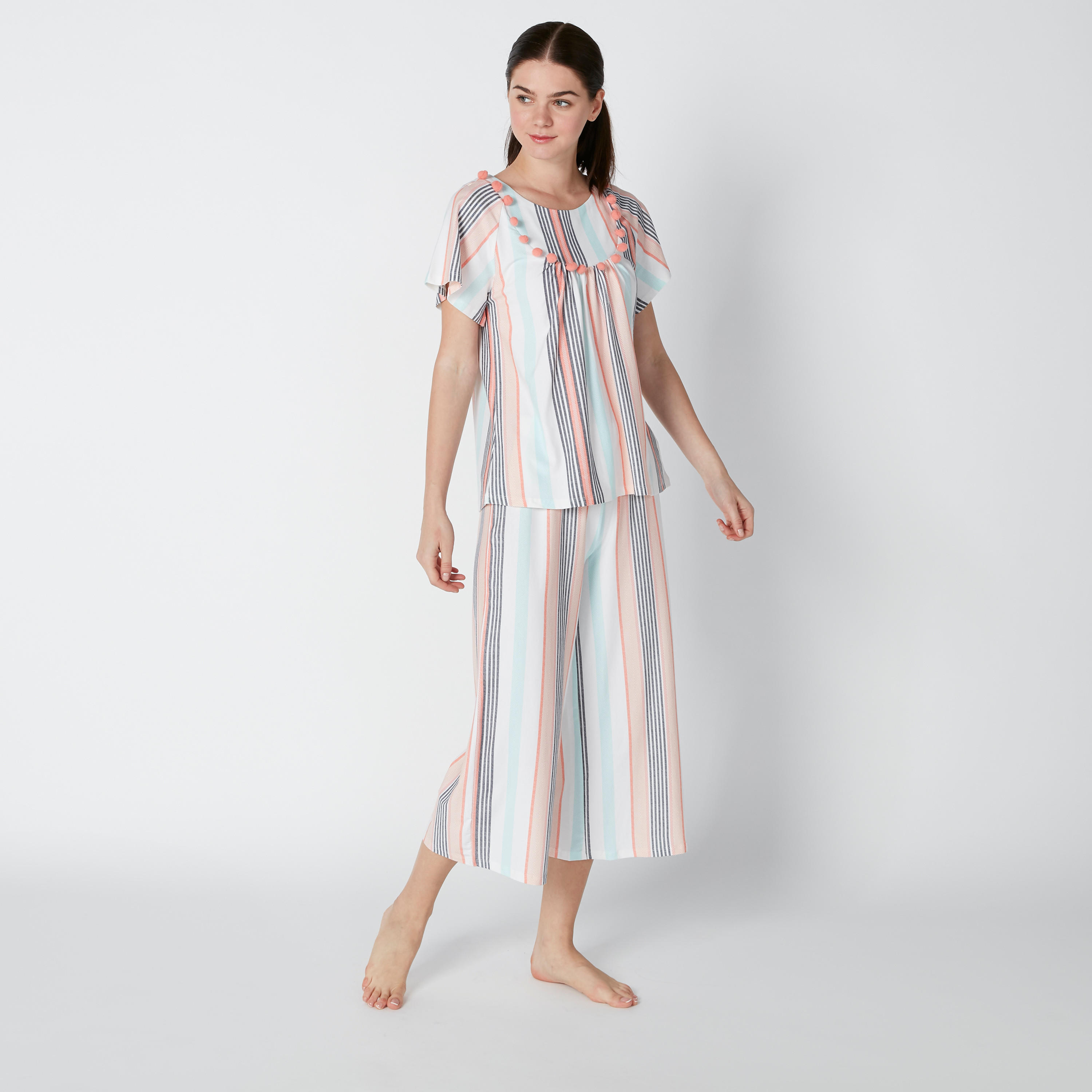 Pom-Pom Detail Top with Striped Culottes-women-clothing-nightwear-pyjamas-longsets-image-3