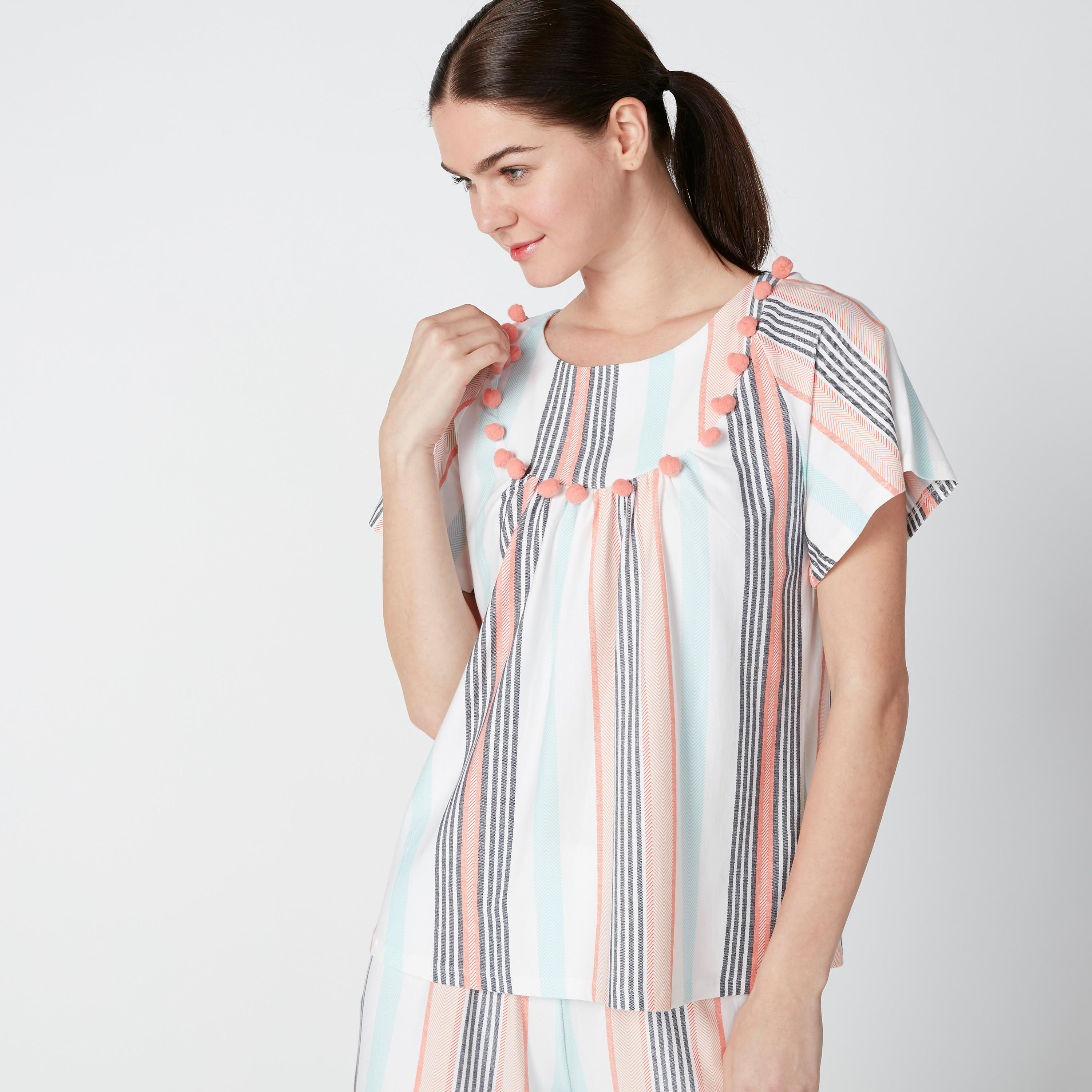 Pom-Pom Detail Top with Striped Culottes-women-clothing-nightwear-pyjamas-longsets-image-4