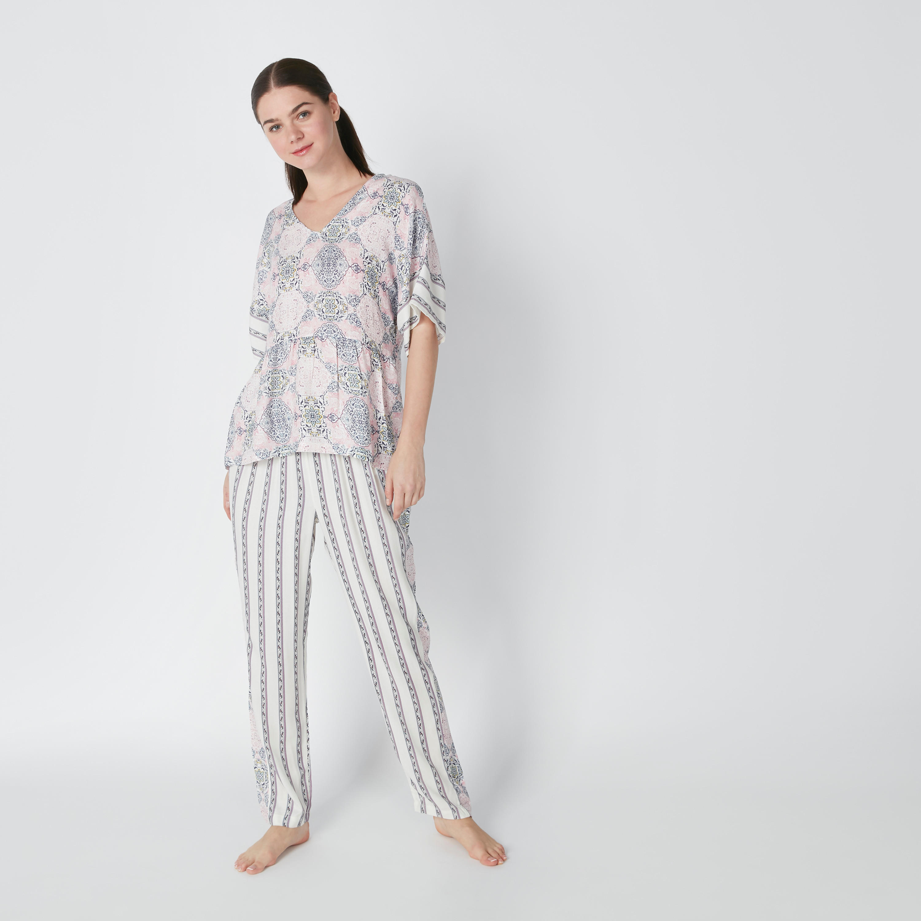 Printed Top and Striped Pyjama Set-women-clothing-nightwear-pyjamas-longsets-image-1