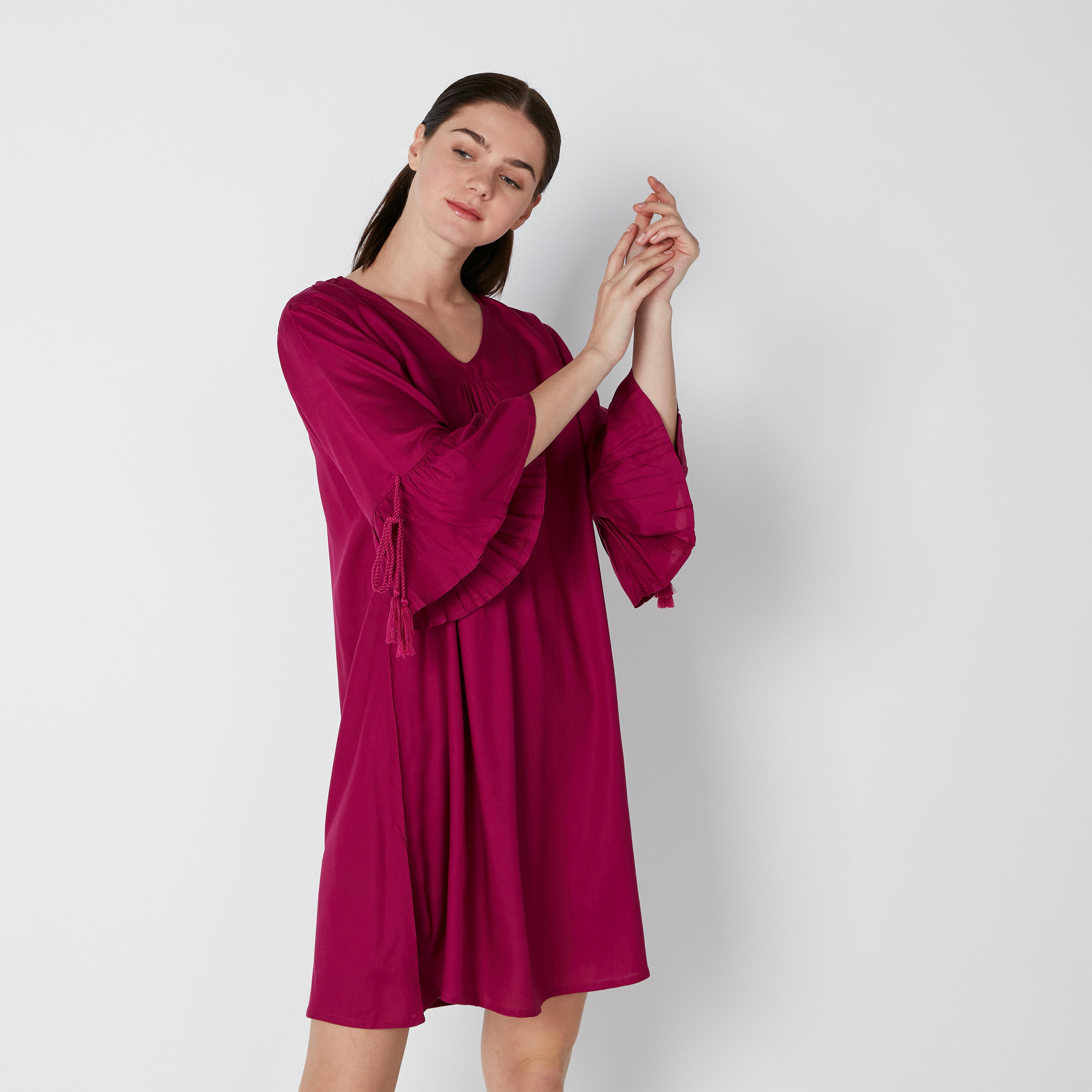 V-Neck Sleep Dress with Tie Ups and 3/4 Sleeves - Set of 2-women-clothing-nightwear-nighties-image-4