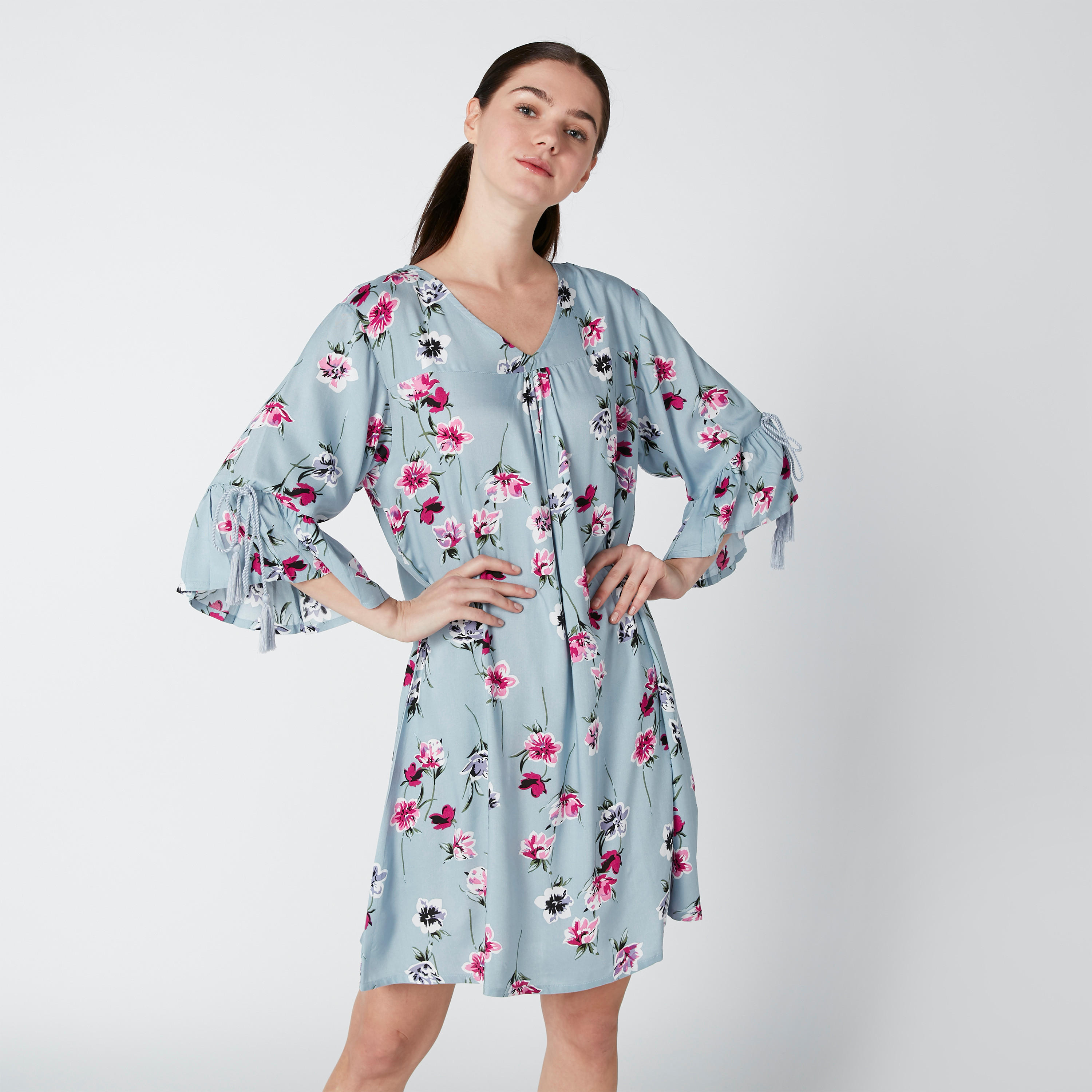 V-Neck Sleep Dress with Tie Ups and 3/4 Sleeves - Set of 2-women-clothing-nightwear-nighties-image-5