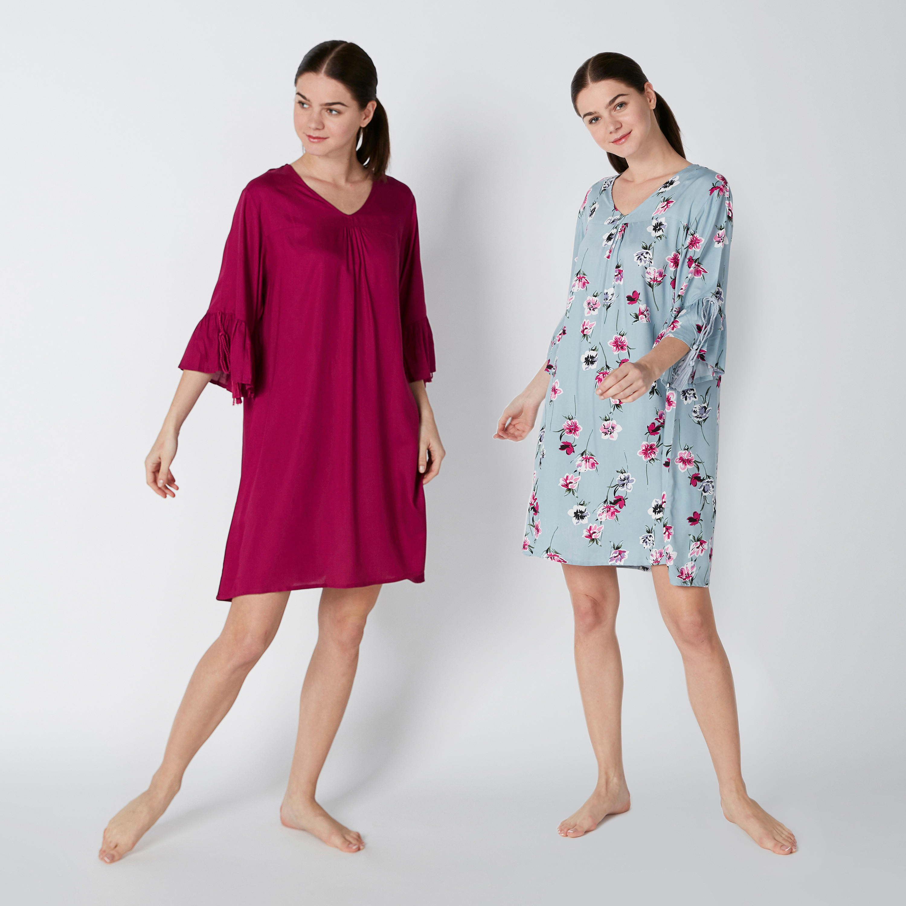 V-Neck Sleep Dress with Tie Ups and 3/4 Sleeves - Set of 2-women-clothing-nightwear-nighties-image-1