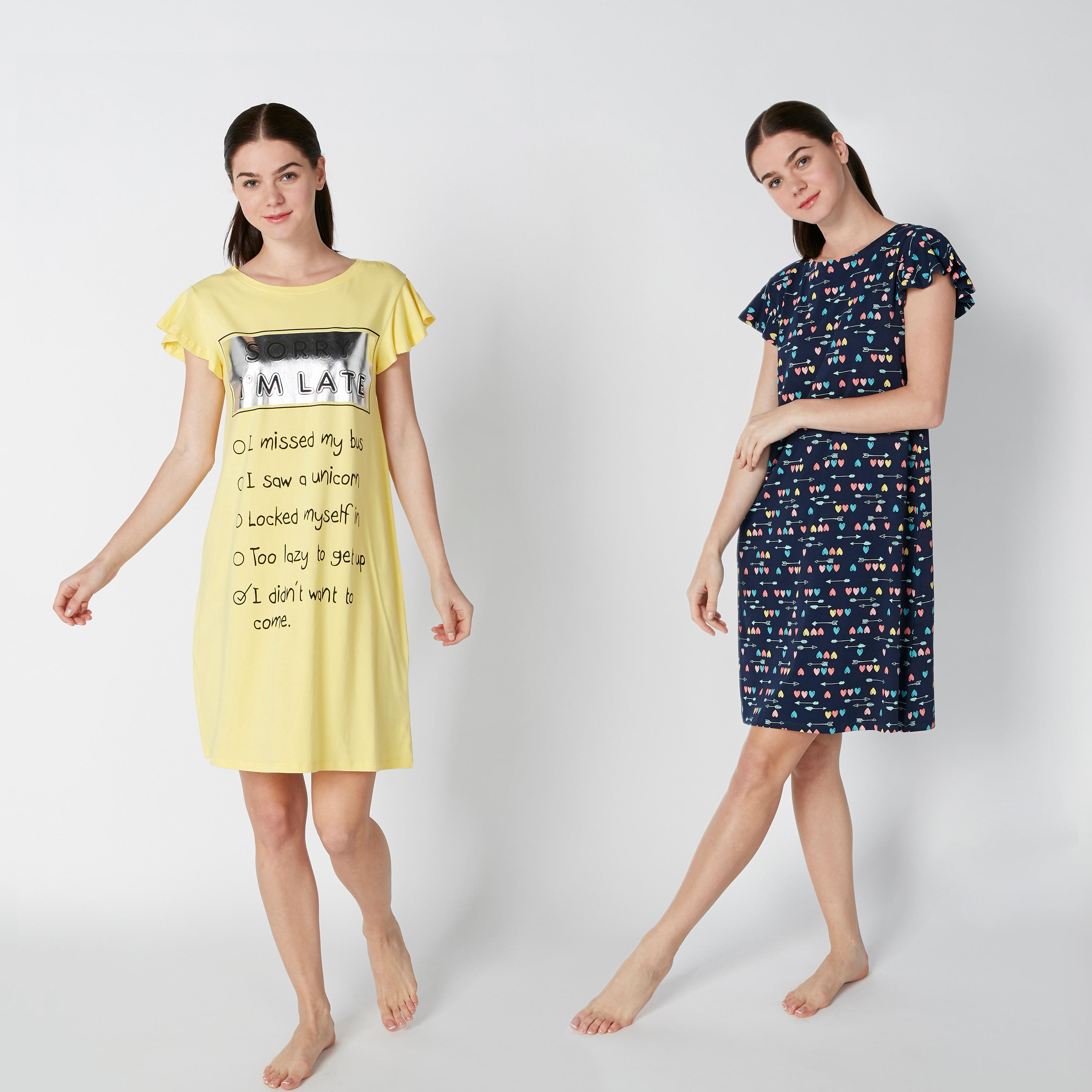 قميص نوم بياقة مستديرة وطبعات - طقم من قطعتين-women-clothing-nightwear-nighties-image-1