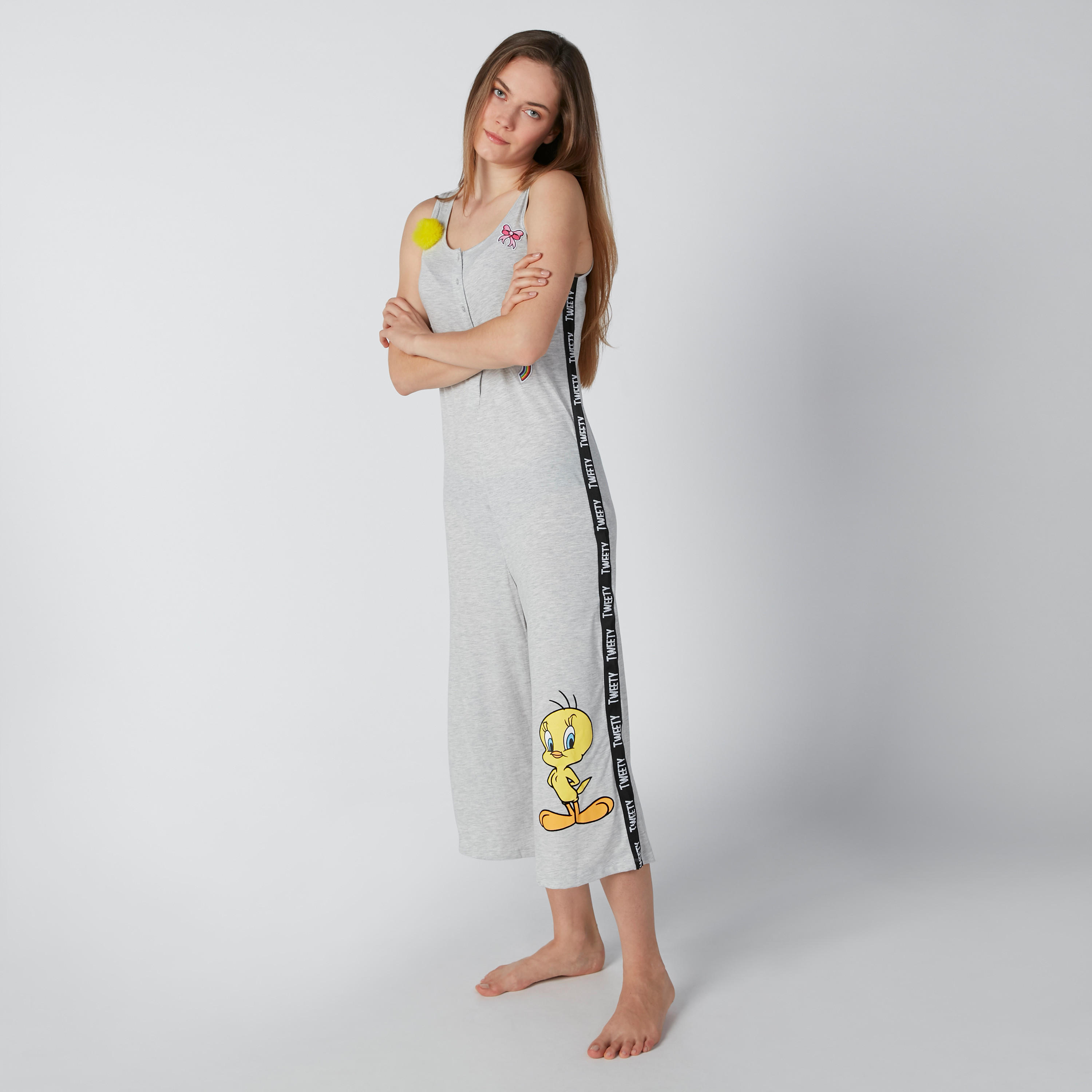 Tweety Printed Sleeveless Jumpsuit with Tape Detail and Button Closure-women-clothing-nightwear-nighties-image-1