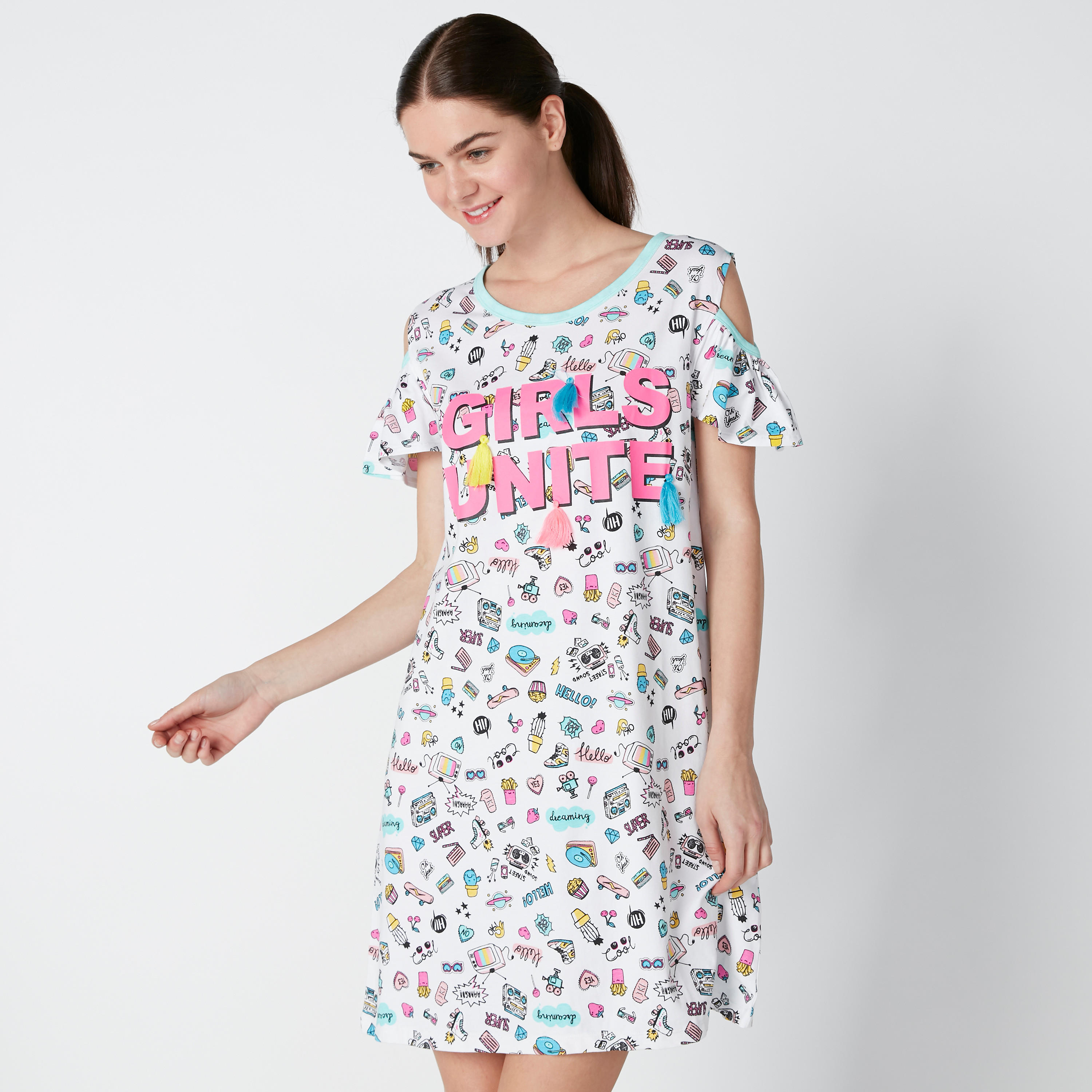 Sustainable Printed Cold Shoulder Sleep Dress with Round Neck-women-clothing-nightwear-nighties-image-1