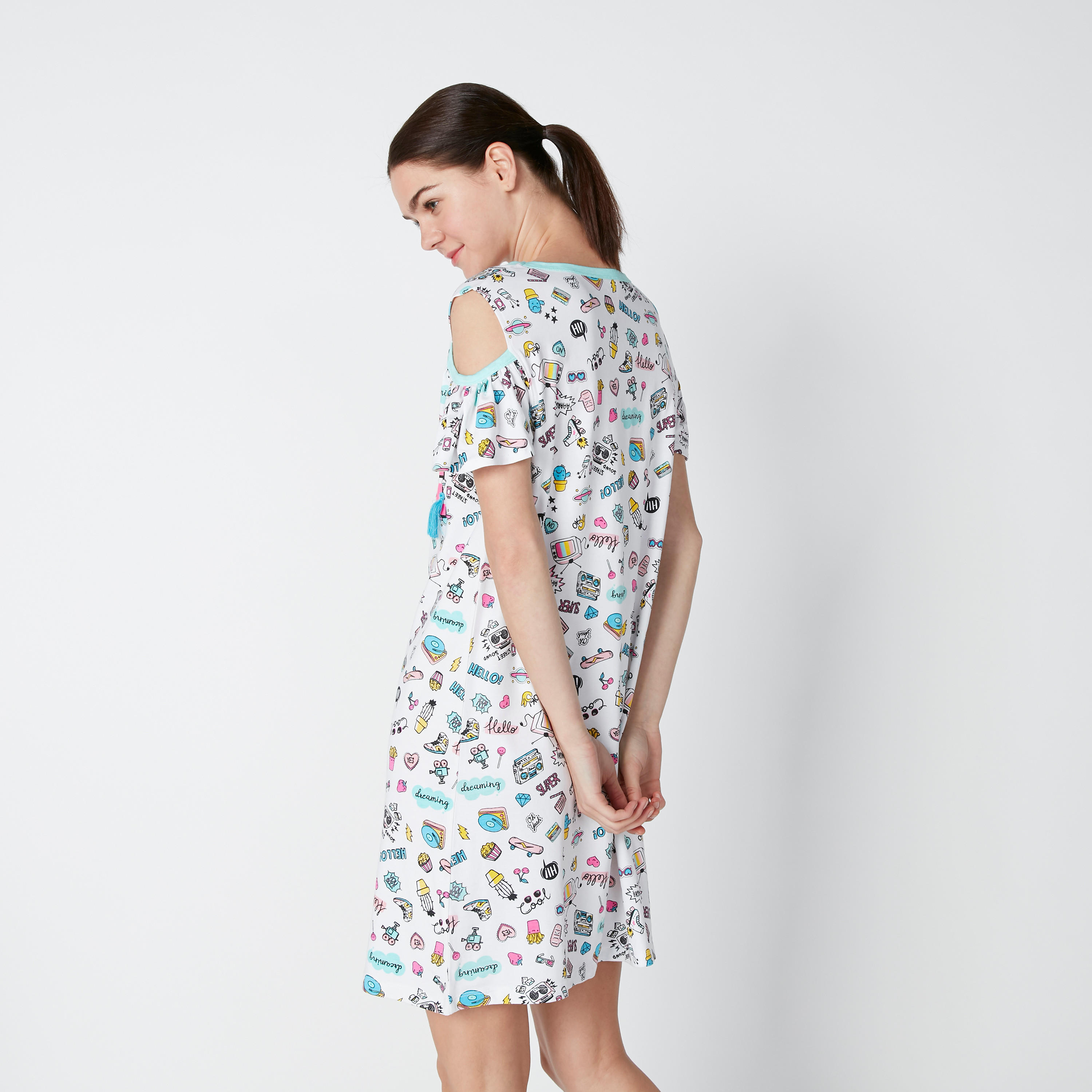 Sustainable Printed Cold Shoulder Sleep Dress with Round Neck-women-clothing-nightwear-nighties-image-2