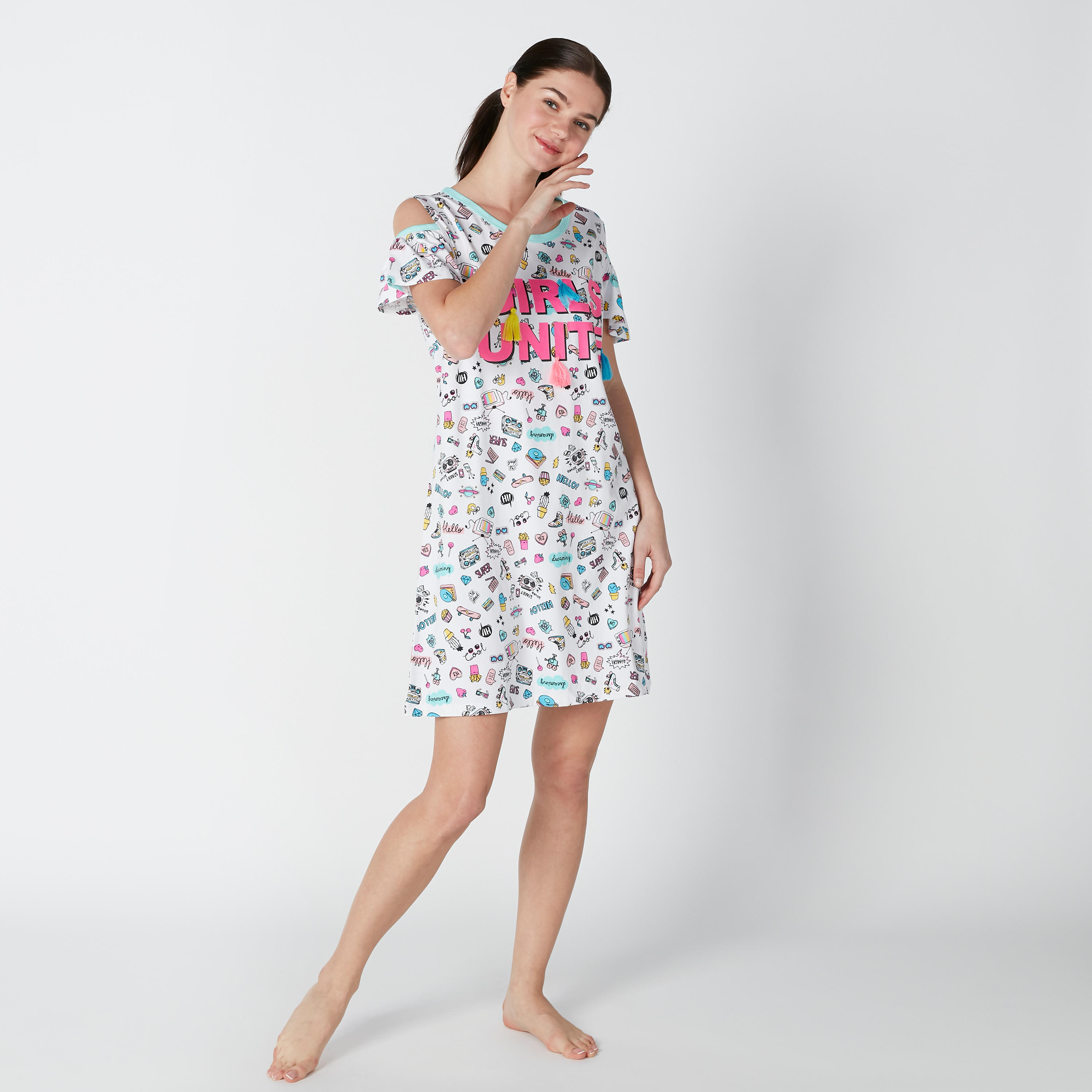 Sustainable Printed Cold Shoulder Sleep Dress with Round Neck-women-clothing-nightwear-nighties-image-3