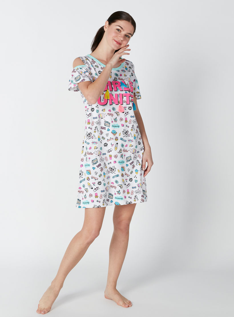 Sustainable Printed Cold Shoulder Sleep Dress with Round Neck-women-clothing-nightwear-nighties-image-3