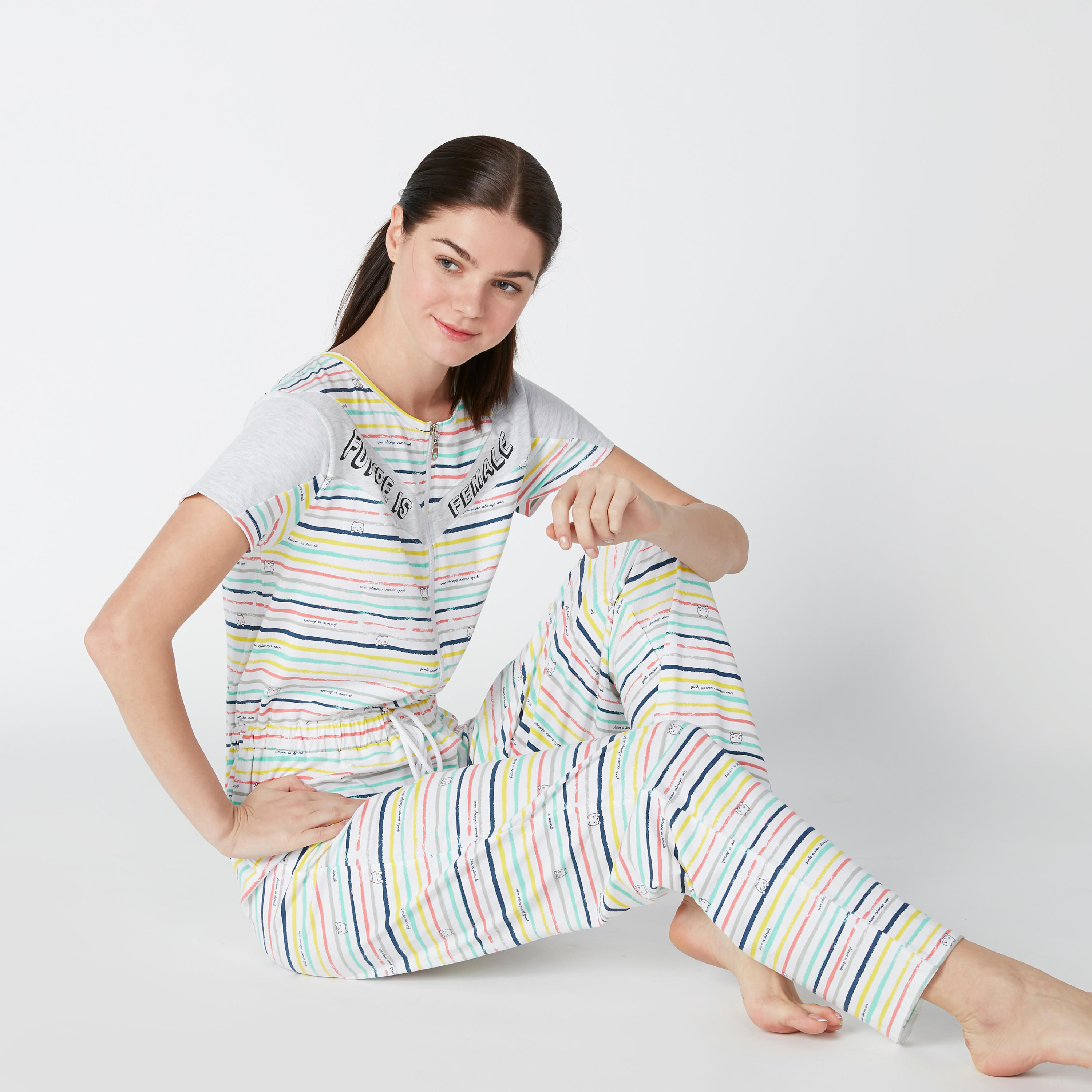 أفرول مستدام مقلّم بسحّاب إغلاق ورباط-women-clothing-nightwear-nighties-image-4