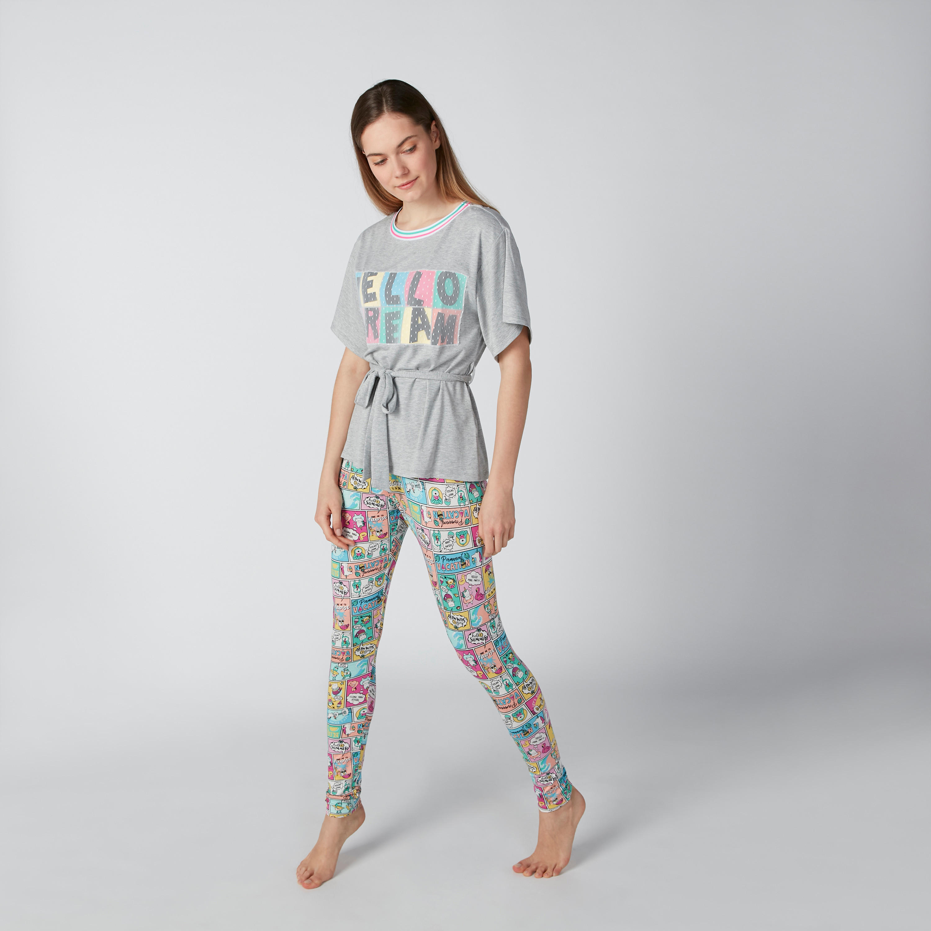 طقم بنطال بيجاما وتيشيرت برباط وطبعات-women-clothing-nightwear-pyjamas-longsets-image-1