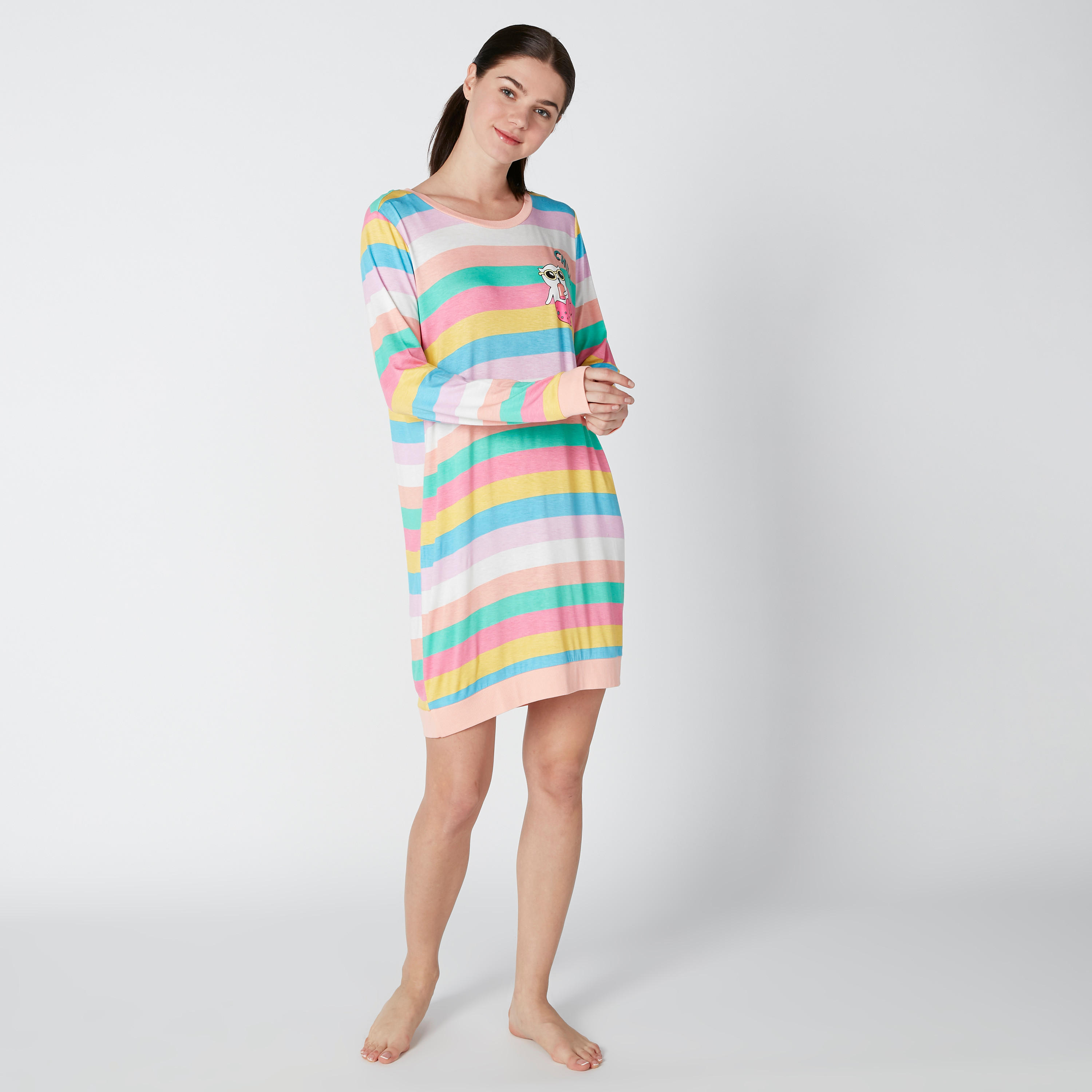 Striped Sleep Dress with Round Neck and Long Sleeves-women-clothing-nightwear-nighties-image-1