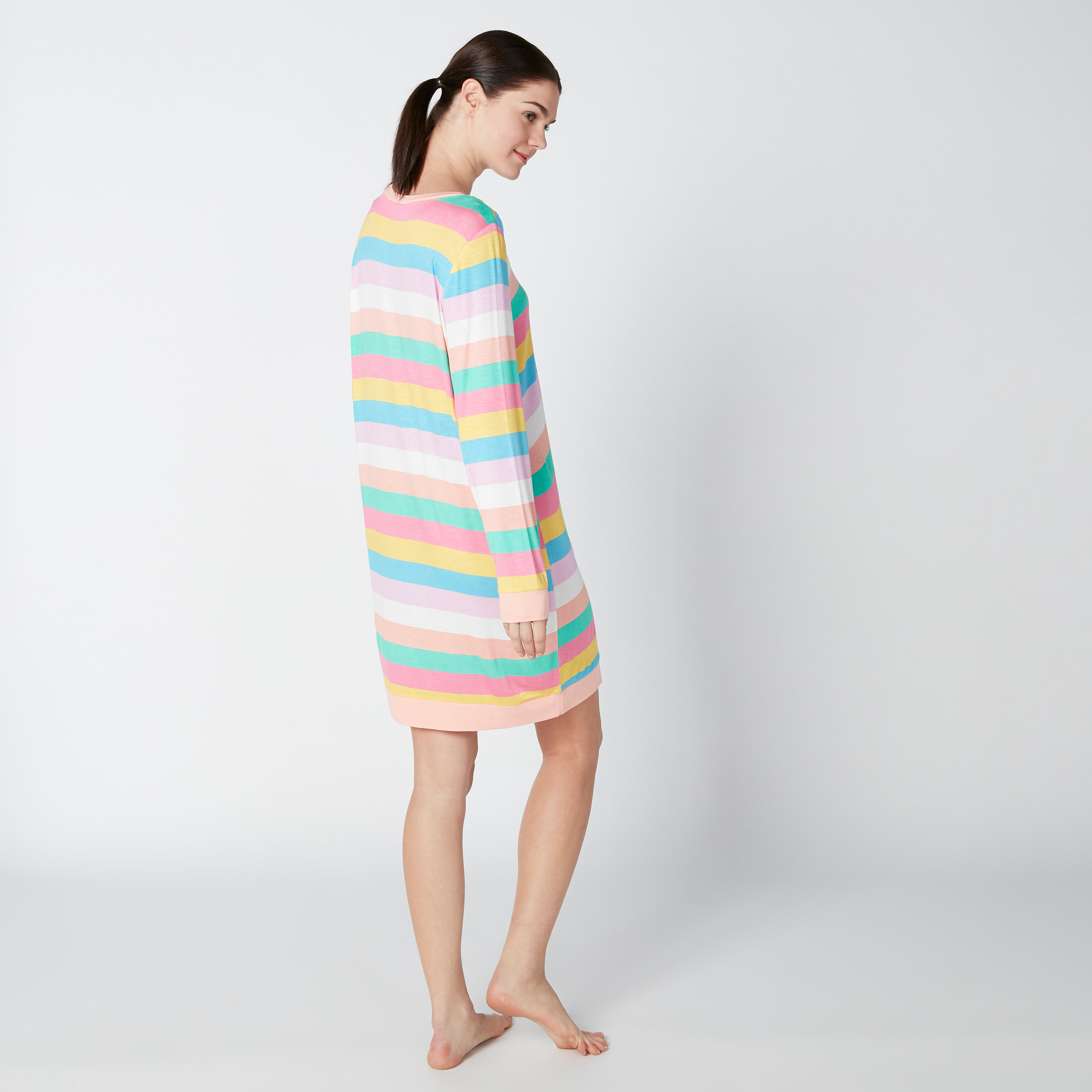 Striped Sleep Dress with Round Neck and Long Sleeves-women-clothing-nightwear-nighties-image-2