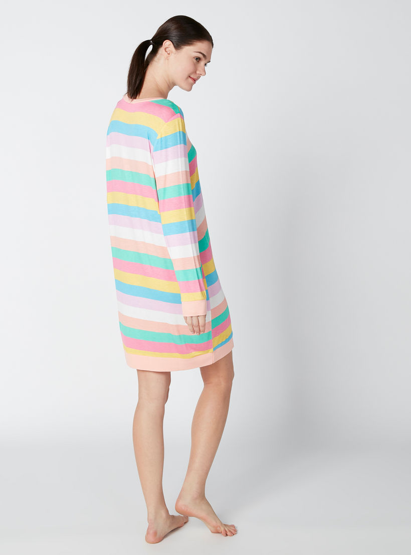 Striped Sleep Dress with Round Neck and Long Sleeves-women-clothing-nightwear-nighties-image-2