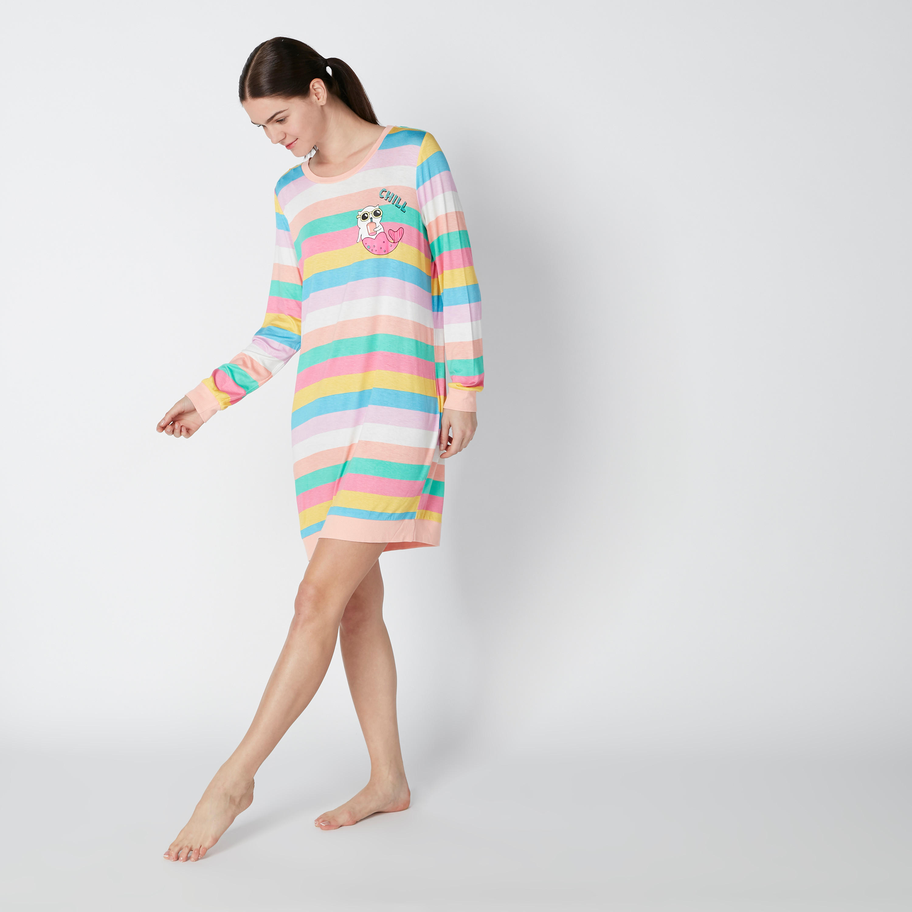 Striped Sleep Dress with Round Neck and Long Sleeves-women-clothing-nightwear-nighties-image-3