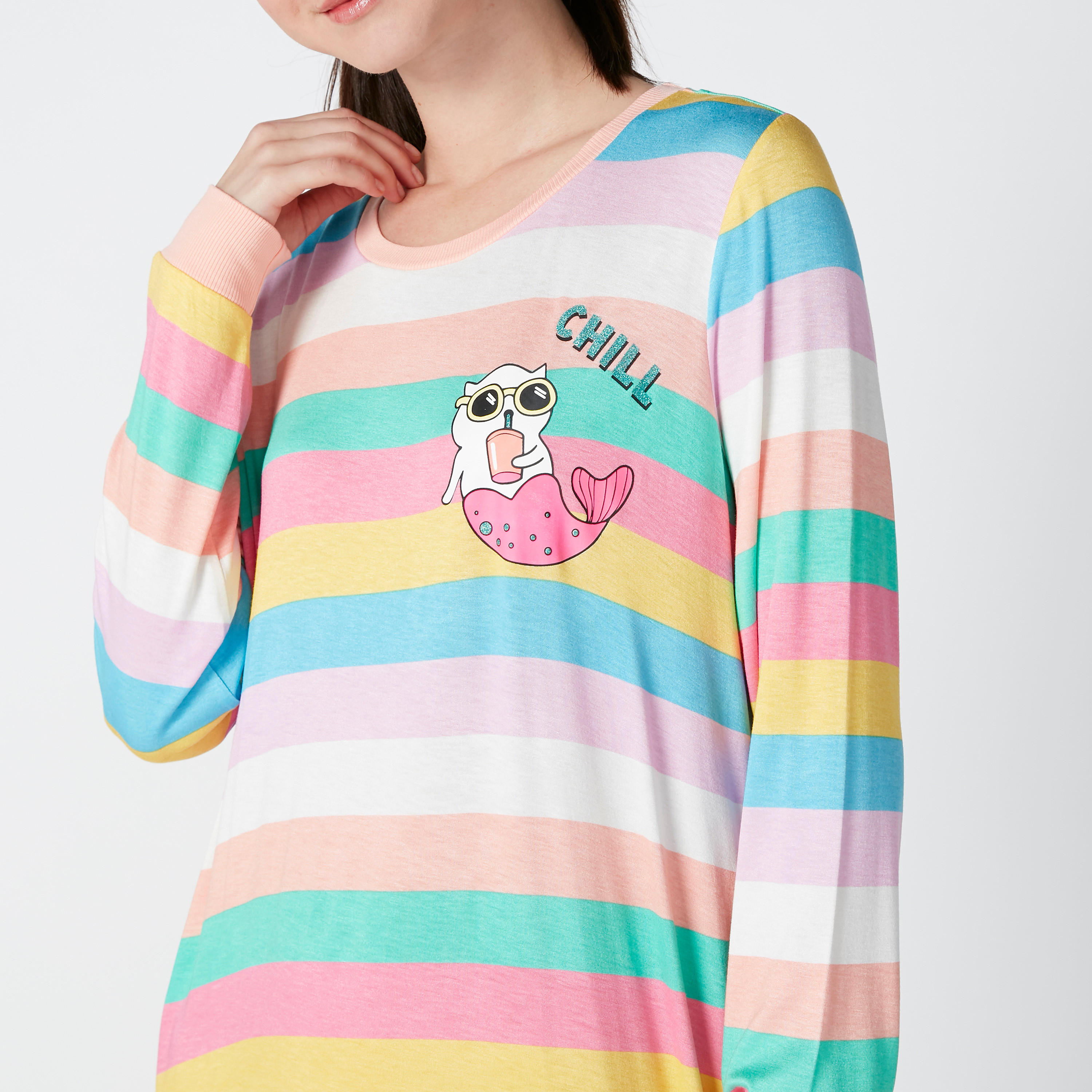 Striped Sleep Dress with Round Neck and Long Sleeves-women-clothing-nightwear-nighties-image-4