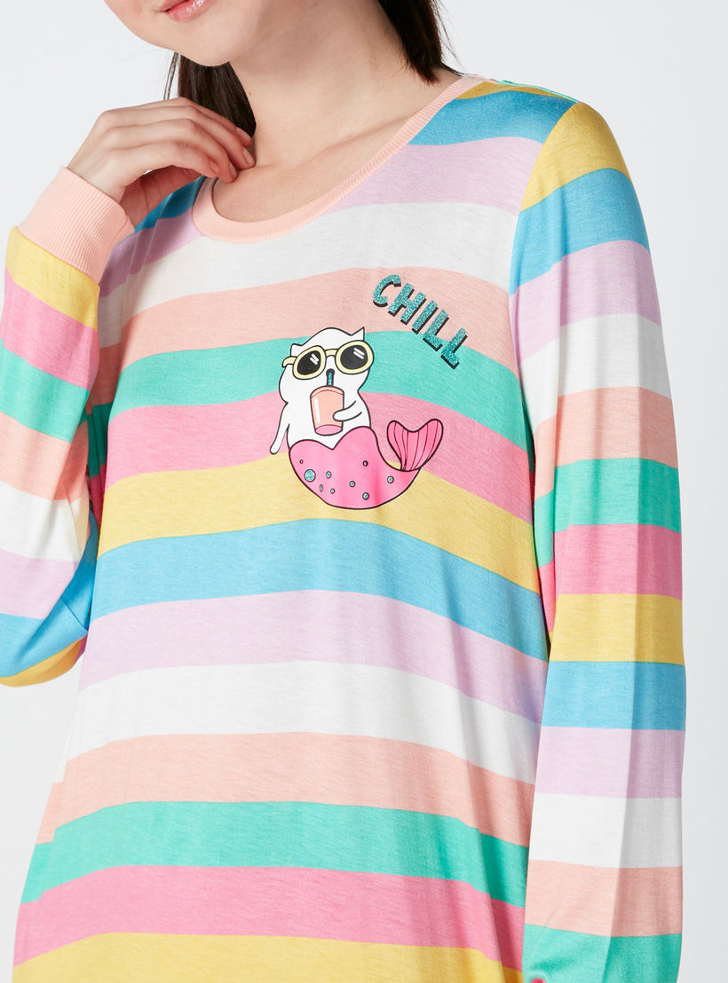 Striped Sleep Dress with Round Neck and Long Sleeves-women-clothing-nightwear-nighties-image-4