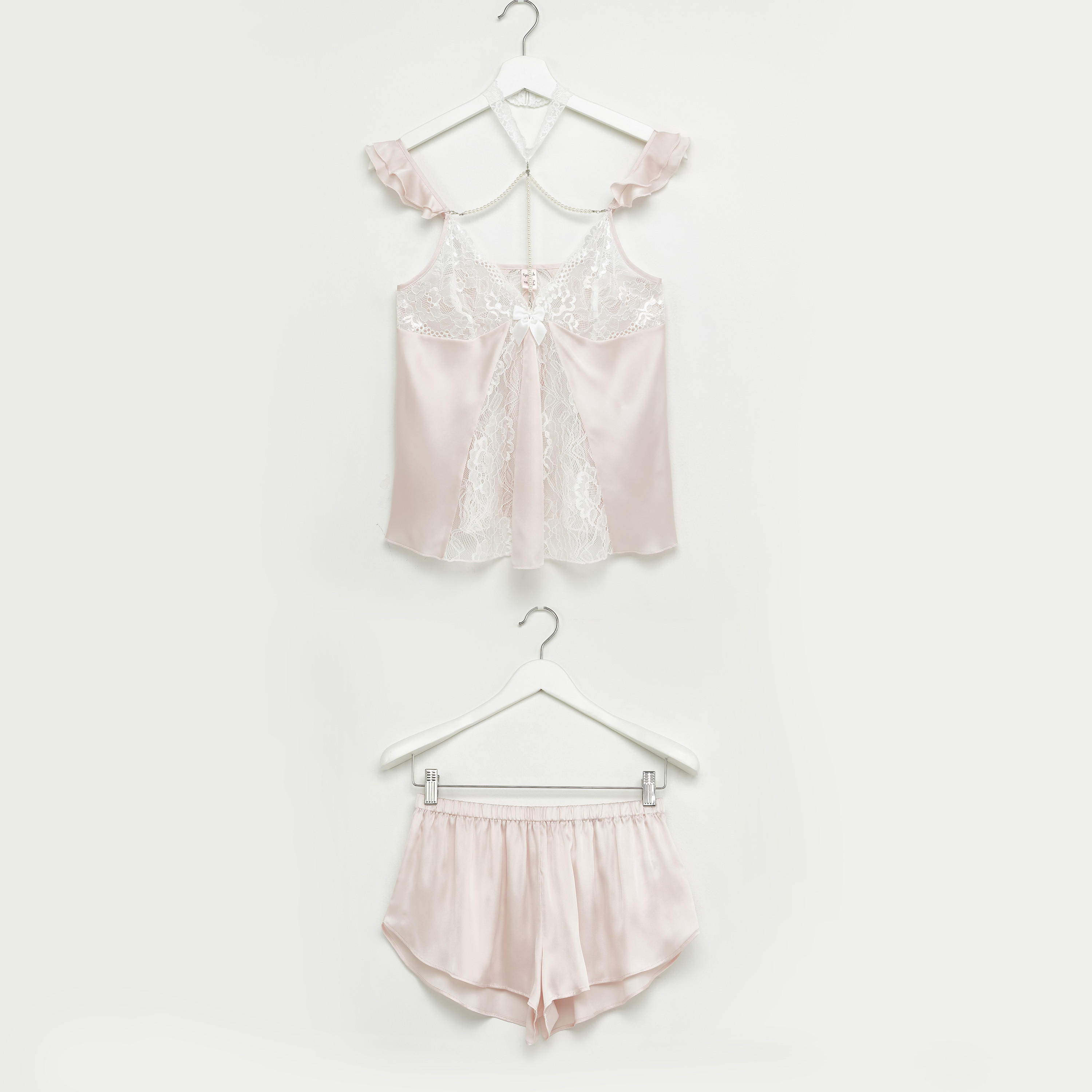 Lace and Pearl Detail Halter Neck Top with Shorts-women-clothing-nightwear-pyjamas-longsets-image-1