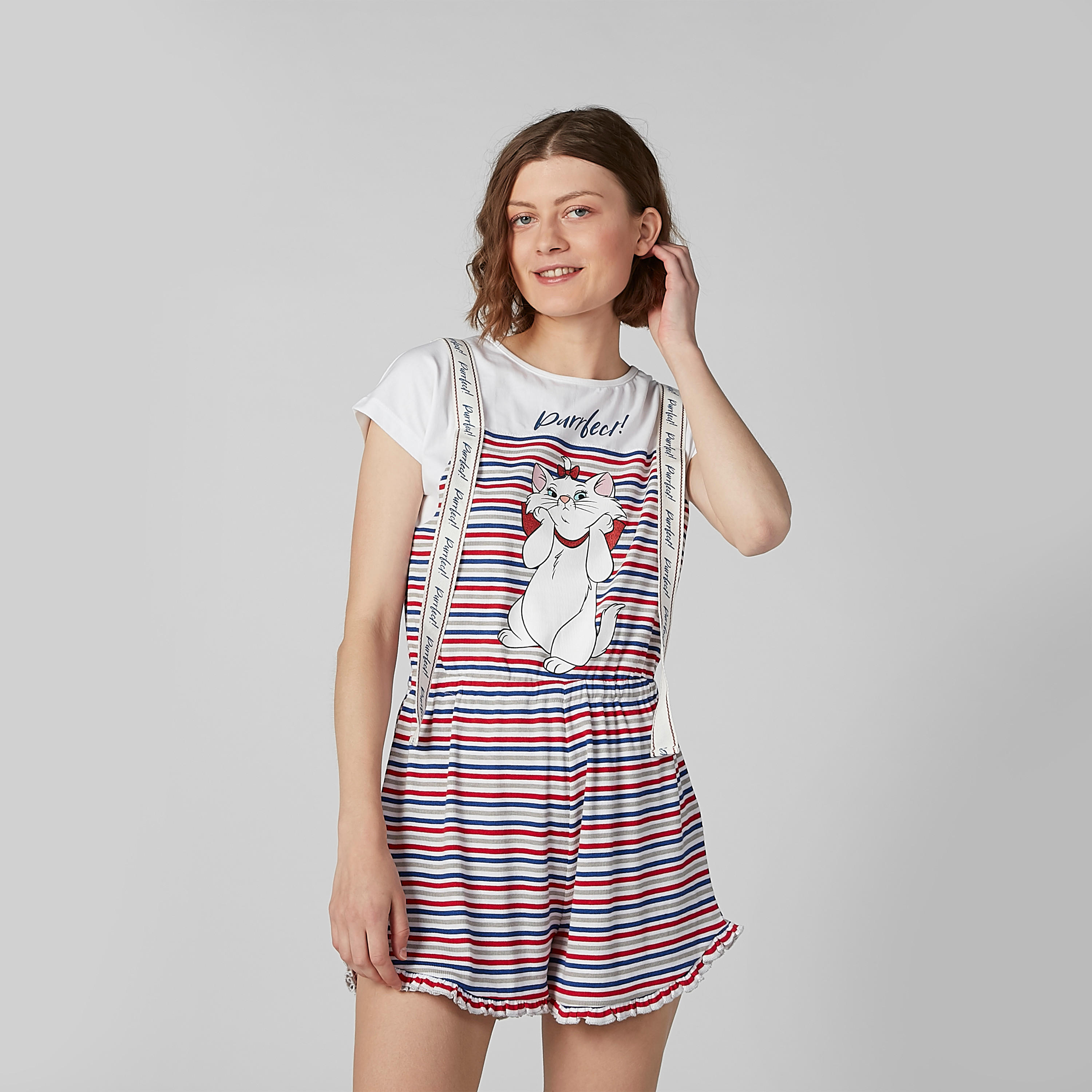 أفرول مستدام مقلّم بياقة مستديرة وأكمام كاب -women-clothing-nightwear-nighties-image-1