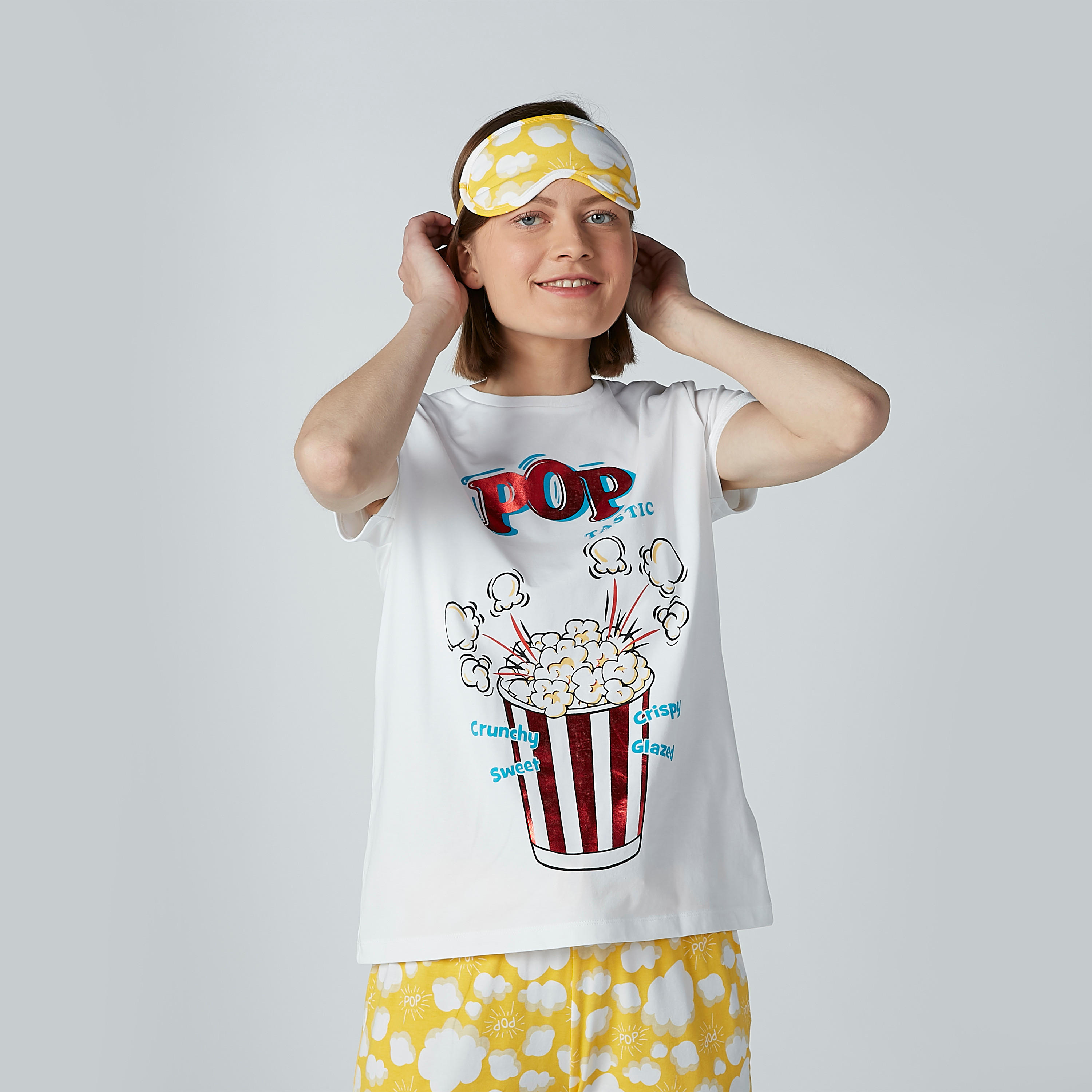 Printed Short Sleeves T-shirt with Jog Pants and Eye-mask-women-clothing-nightwear-pyjamas-longsets-image-1
