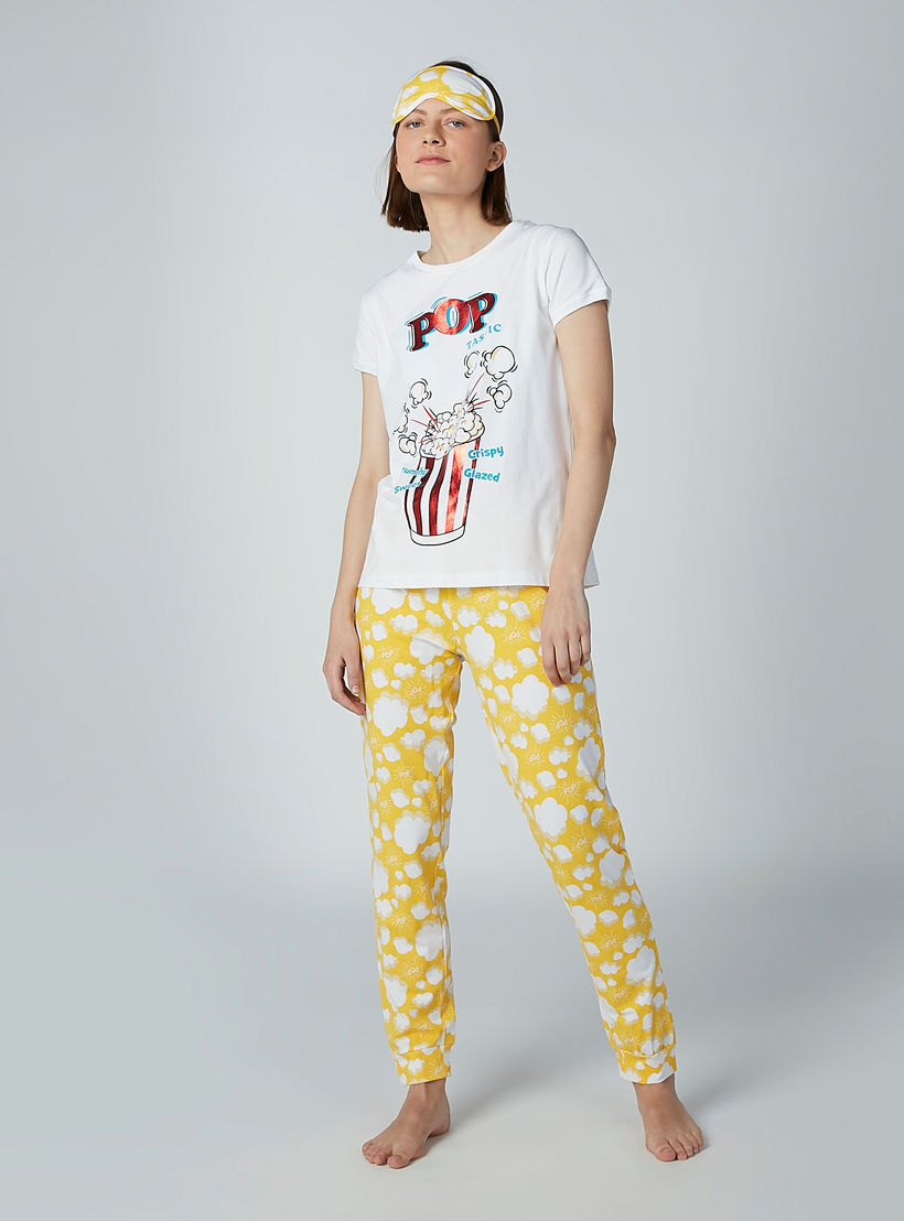 Printed Short Sleeves T-shirt with Jog Pants and Eye-mask-women-clothing-nightwear-pyjamas-longsets-image-2