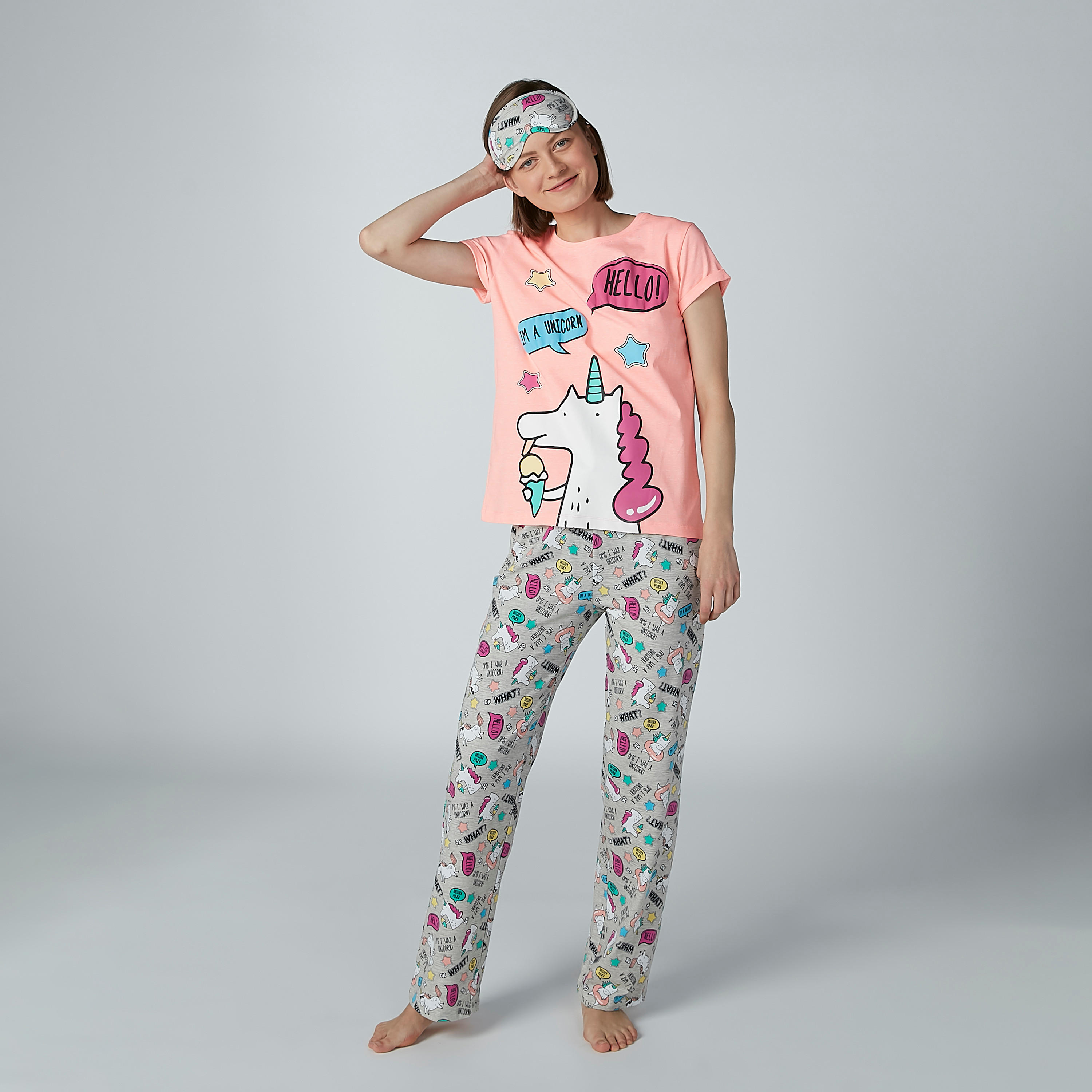 طقم بنطال بيجاما وتيشيرت بأكمام قصيرة وطبعات مع قناع للعين-women-clothing-nightwear-pyjamas-longsets-image-1