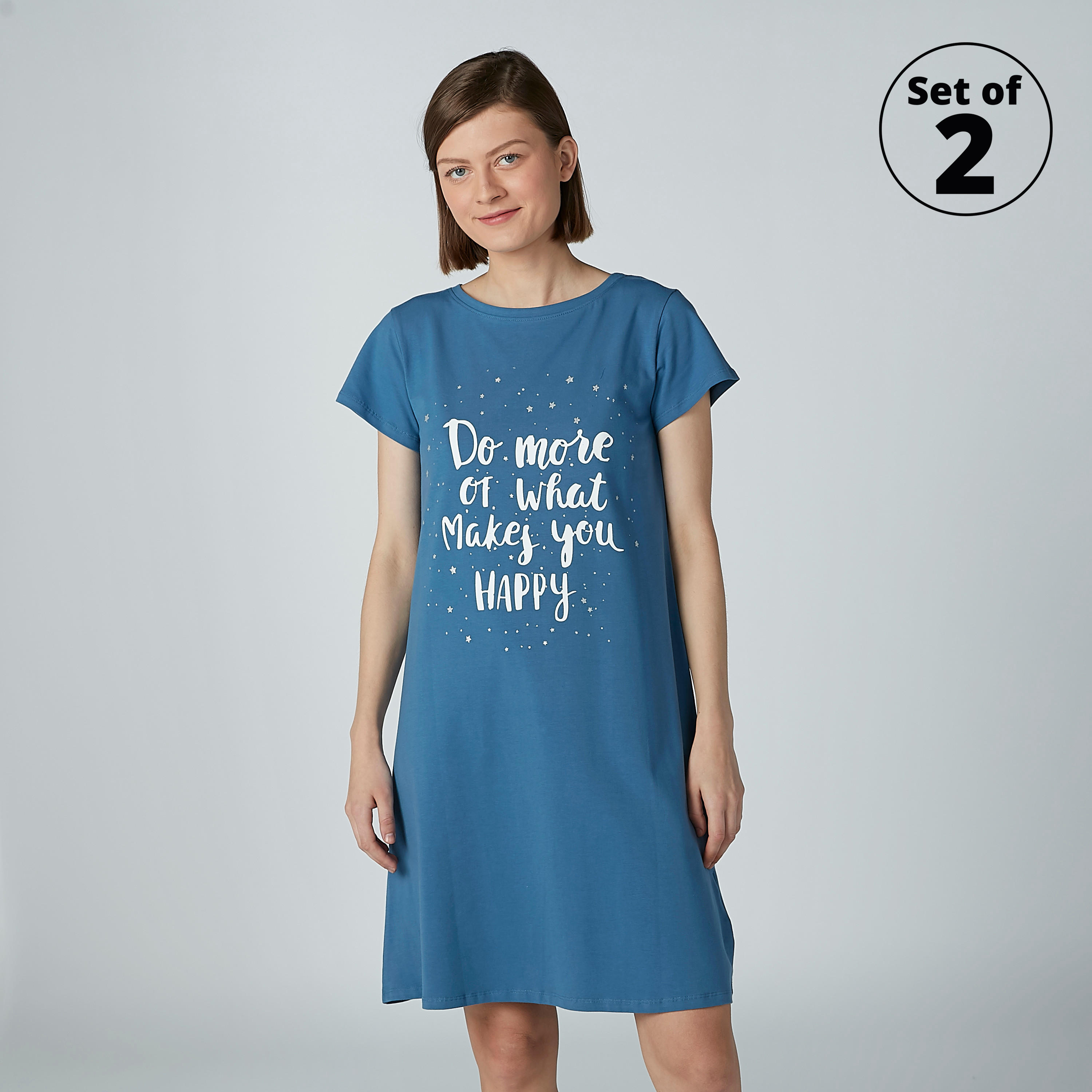قميص نوم بياقة مستديرة وأكمام قصيرة وطبعات - طقم من قطعتين-women-clothing-nightwear-nighties-image-1