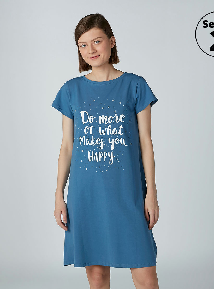 قميص نوم بياقة مستديرة وأكمام قصيرة وطبعات - طقم من قطعتين-women-clothing-nightwear-nighties-image-1
