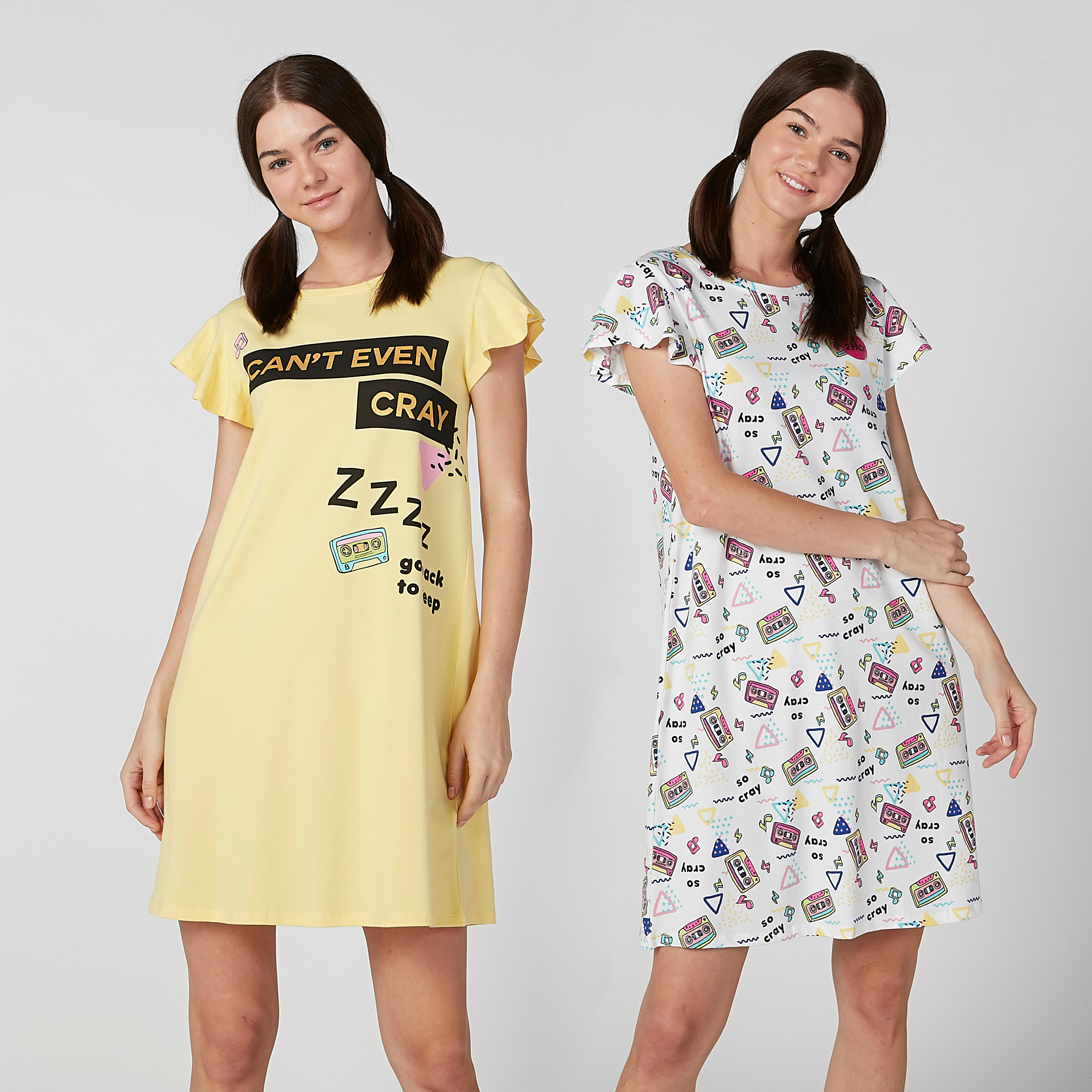 قميص نوم بياقة مستديرة وأكمام قصيرة وطبعات - طقم من قطعتين-women-clothing-nightwear-nighties-image-1