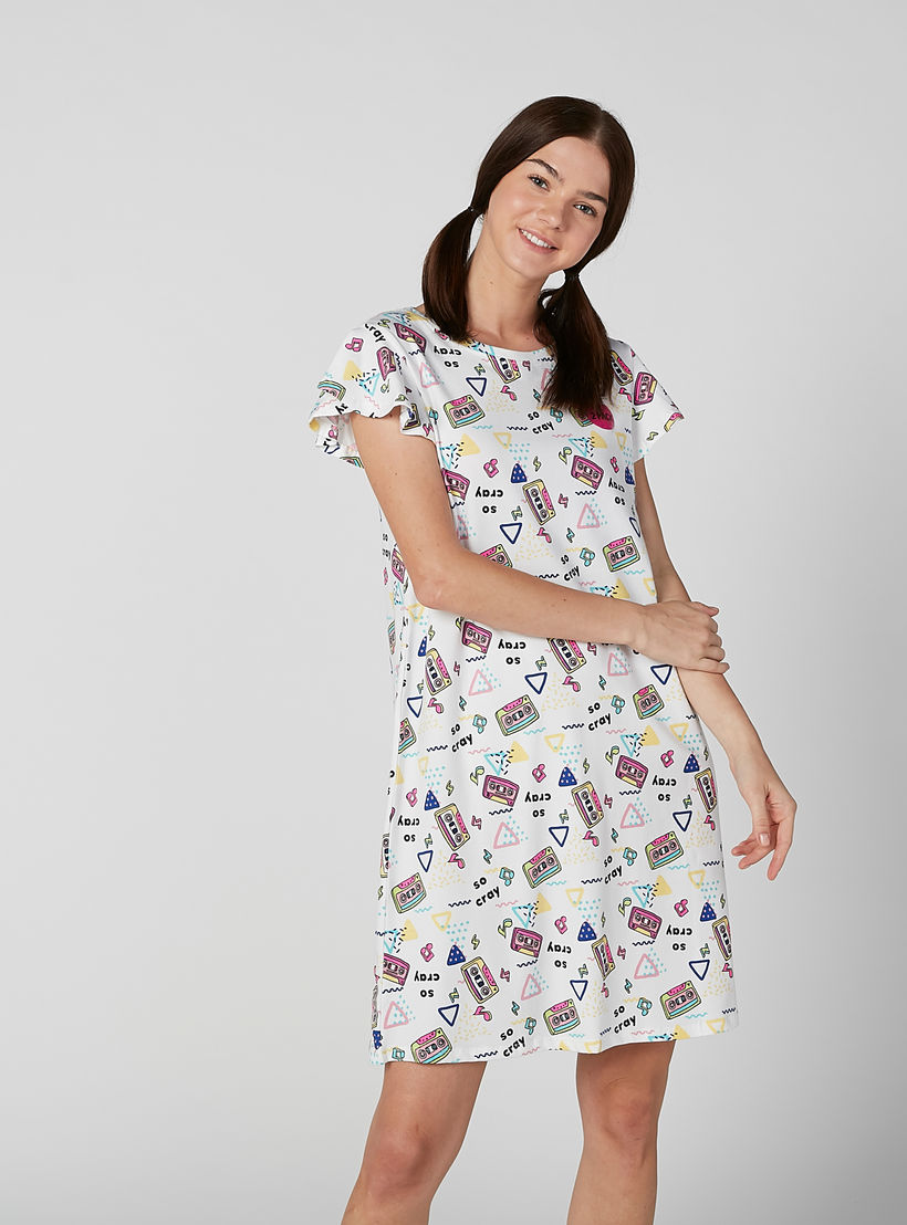 قميص نوم بياقة مستديرة وأكمام قصيرة وطبعات - طقم من قطعتين-women-clothing-nightwear-nighties-image-3