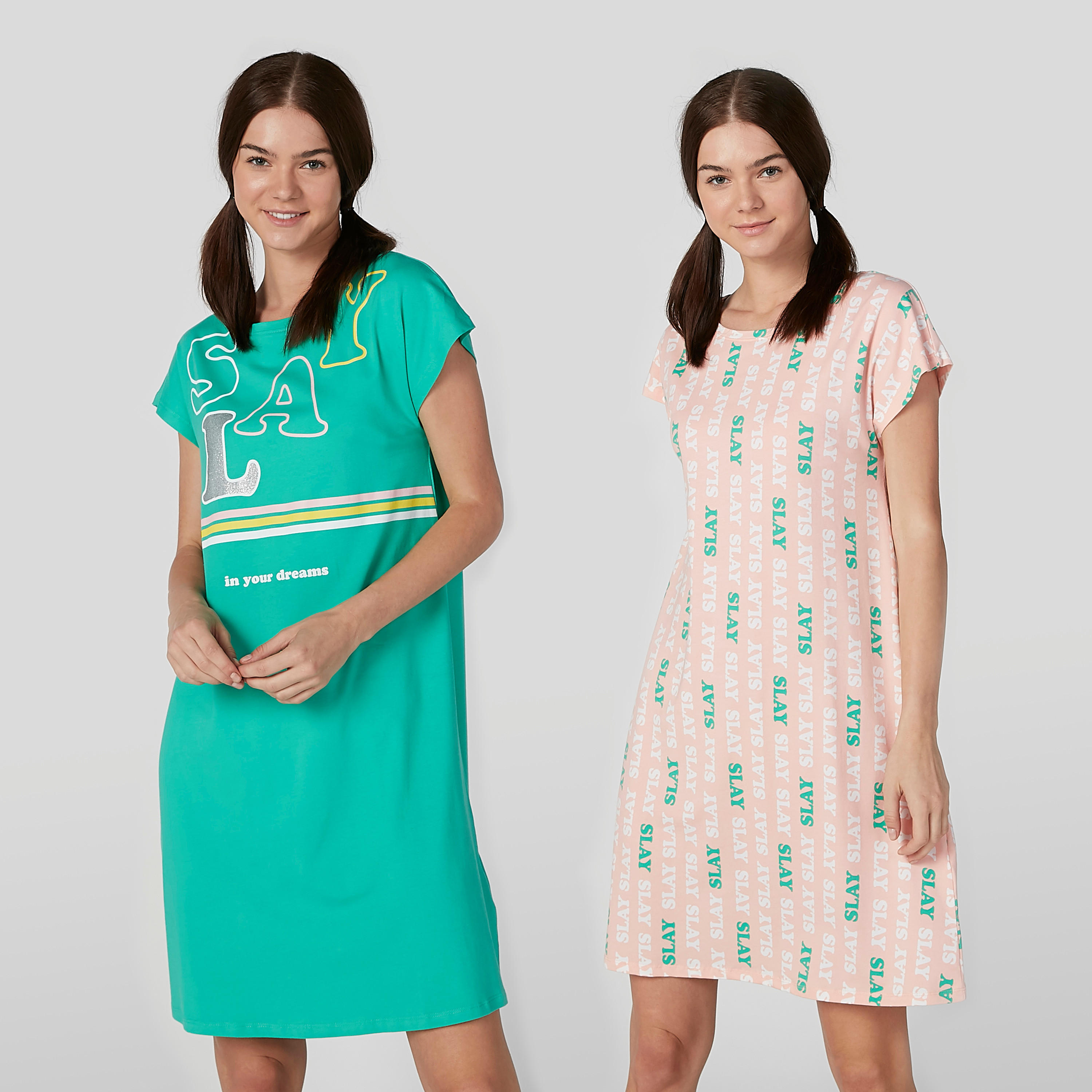 قميص نوم بياقة مستديرة وأكمام قصيرة وطبعات - طقم من قطعتين-women-clothing-nightwear-nighties-image-1