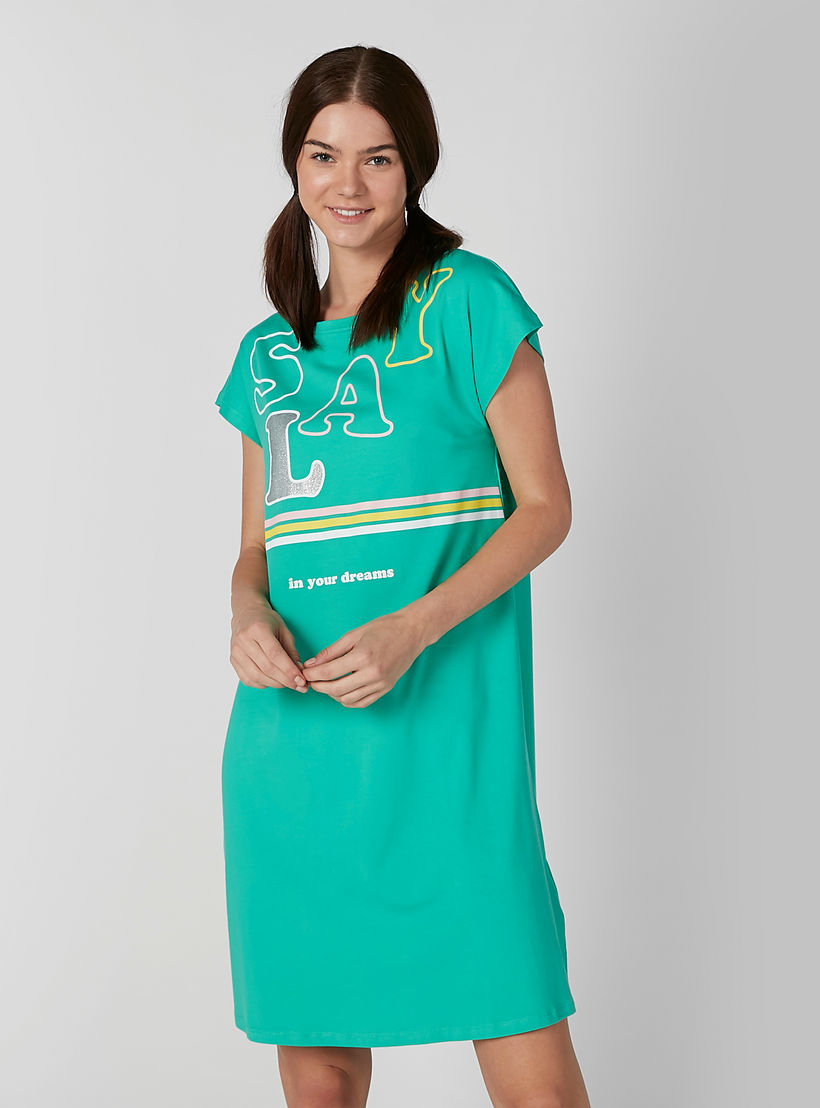 قميص نوم بياقة مستديرة وأكمام قصيرة وطبعات - طقم من قطعتين-women-clothing-nightwear-nighties-image-2