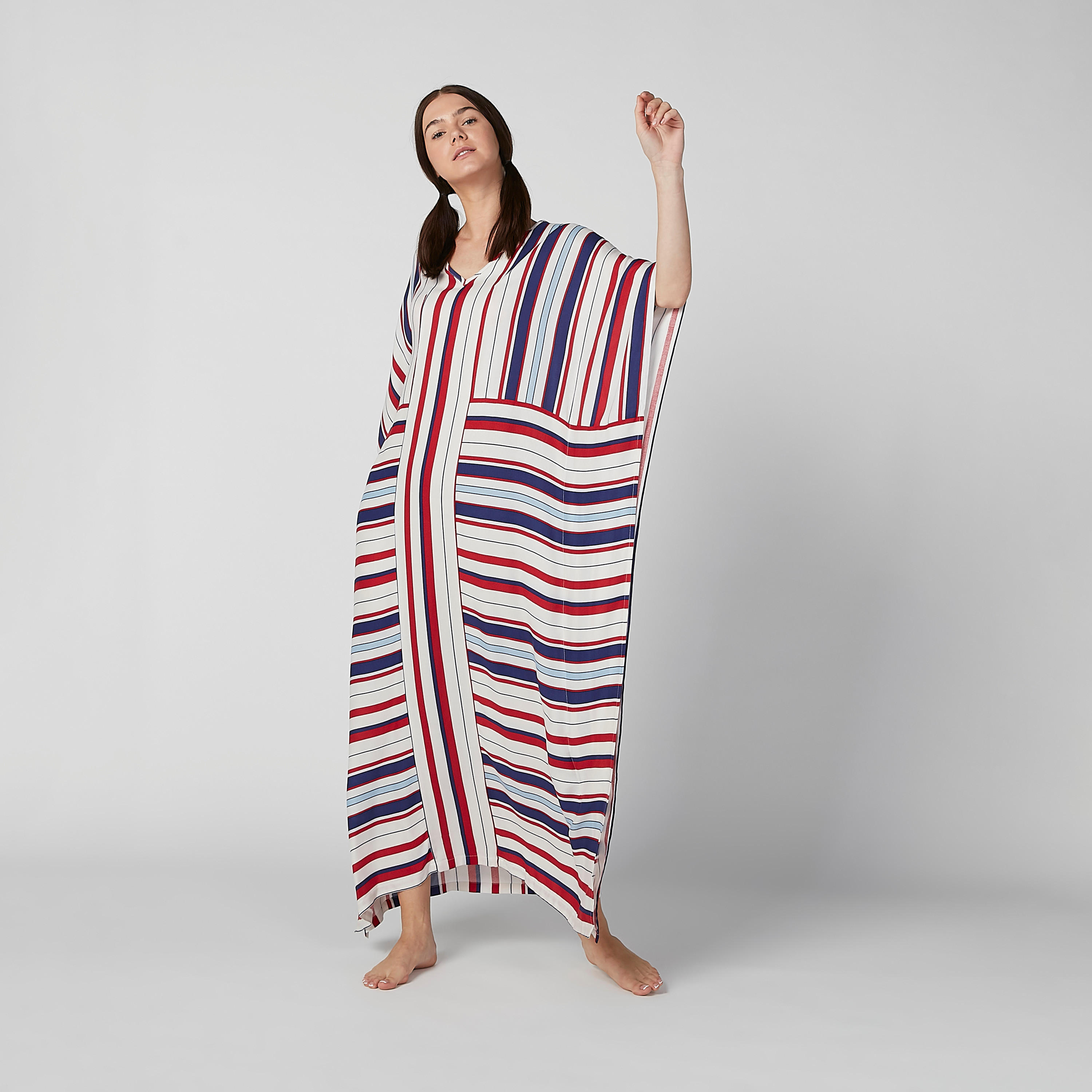 Striped Kaftan Sleep Dress with V-Neck-women-clothing-nightwear-nighties-image-2