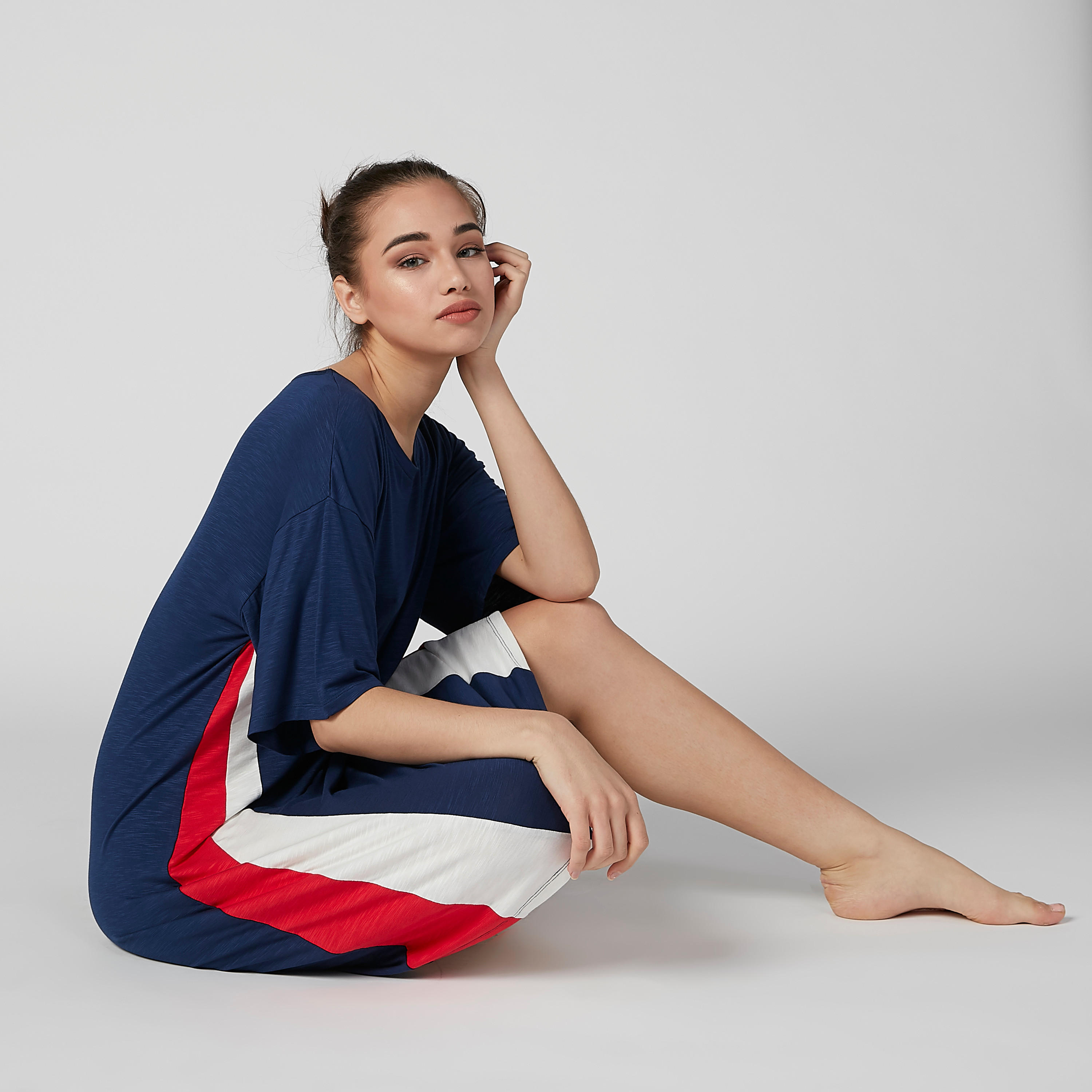 Colour Block Sleep Dress with Round Neck and Drop Shoulder Sleeves-women-clothing-nightwear-nighties-image-1