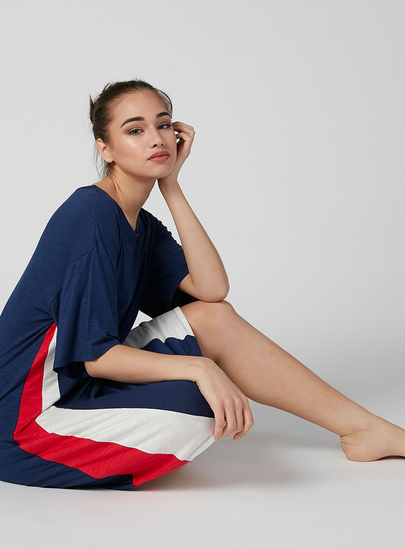 Colour Block Sleep Dress with Round Neck and Drop Shoulder Sleeves-women-clothing-nightwear-nighties-image-1