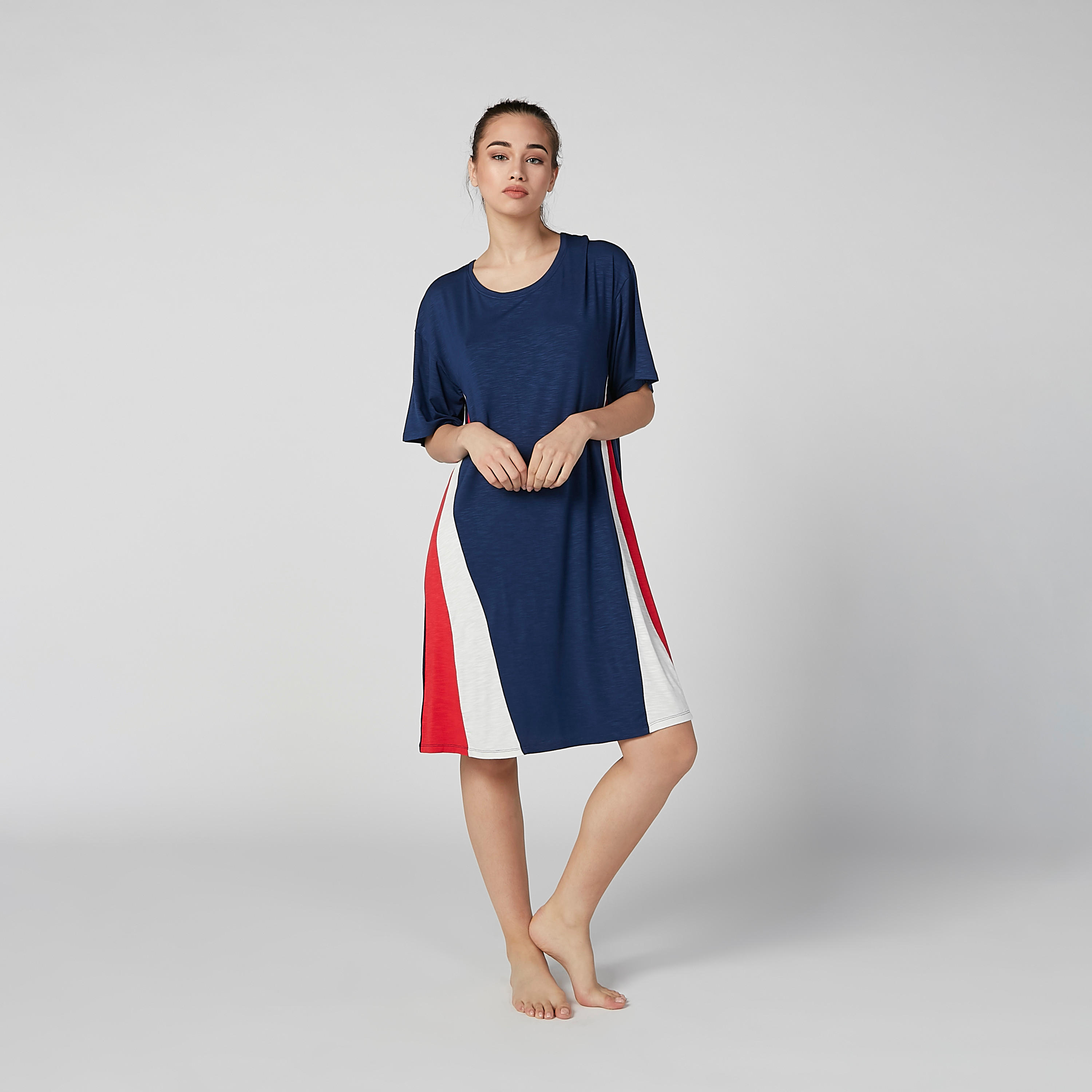 Colour Block Sleep Dress with Round Neck and Drop Shoulder Sleeves-women-clothing-nightwear-nighties-image-2
