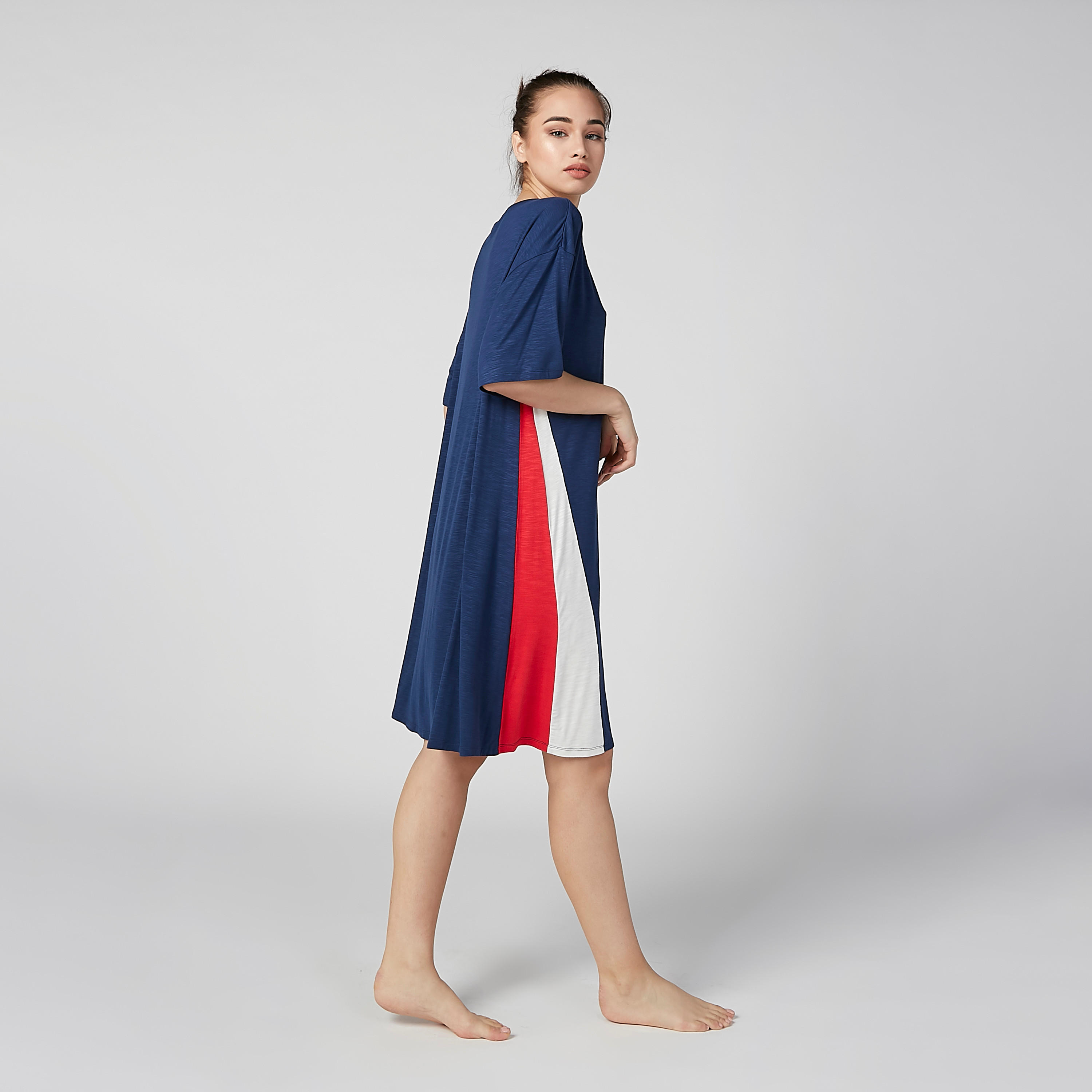 Colour Block Sleep Dress with Round Neck and Drop Shoulder Sleeves-women-clothing-nightwear-nighties-image-4