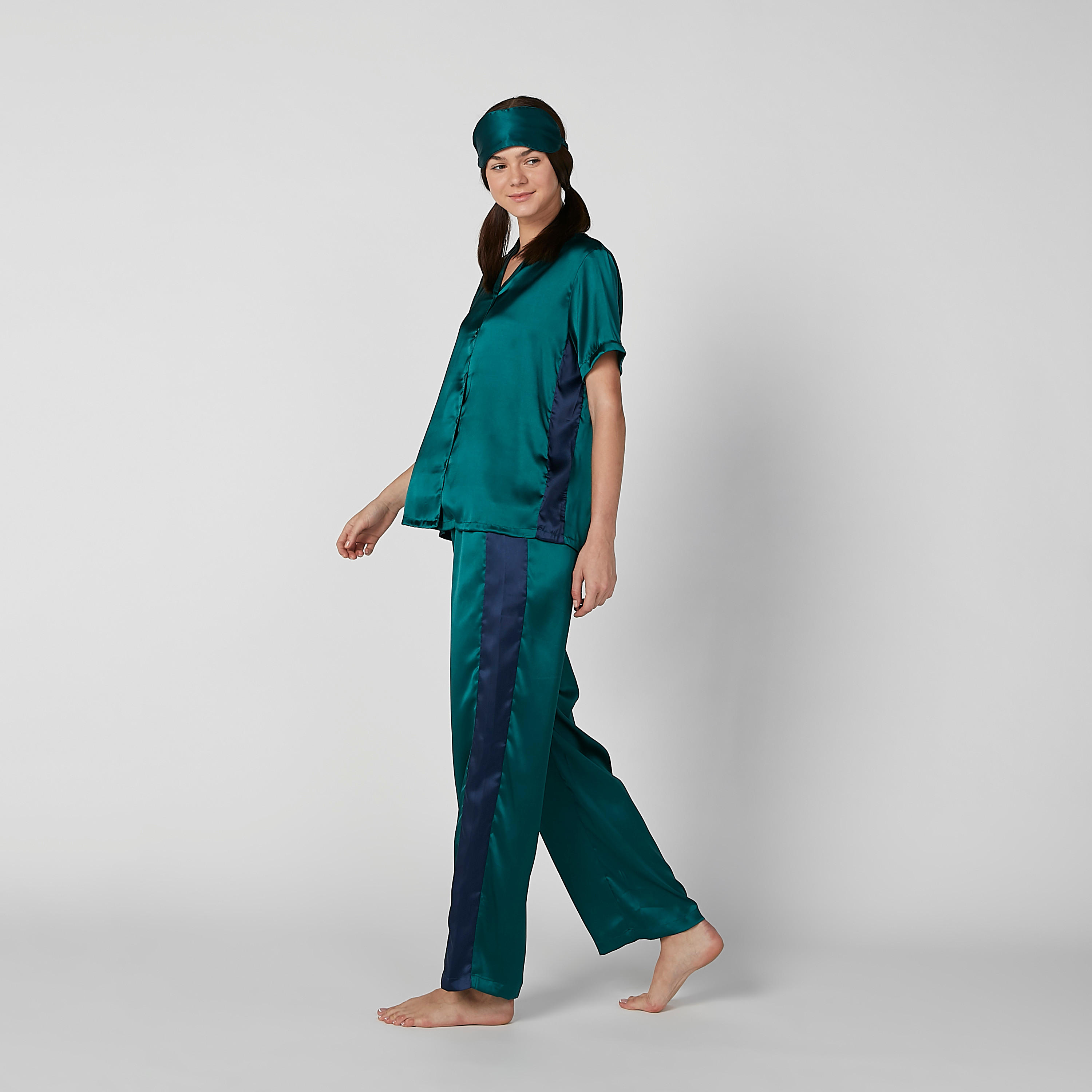 Solid Collared Shirt and Pyjama Set with Eye Mask-women-clothing-nightwear-pyjamas-longsets-image-1