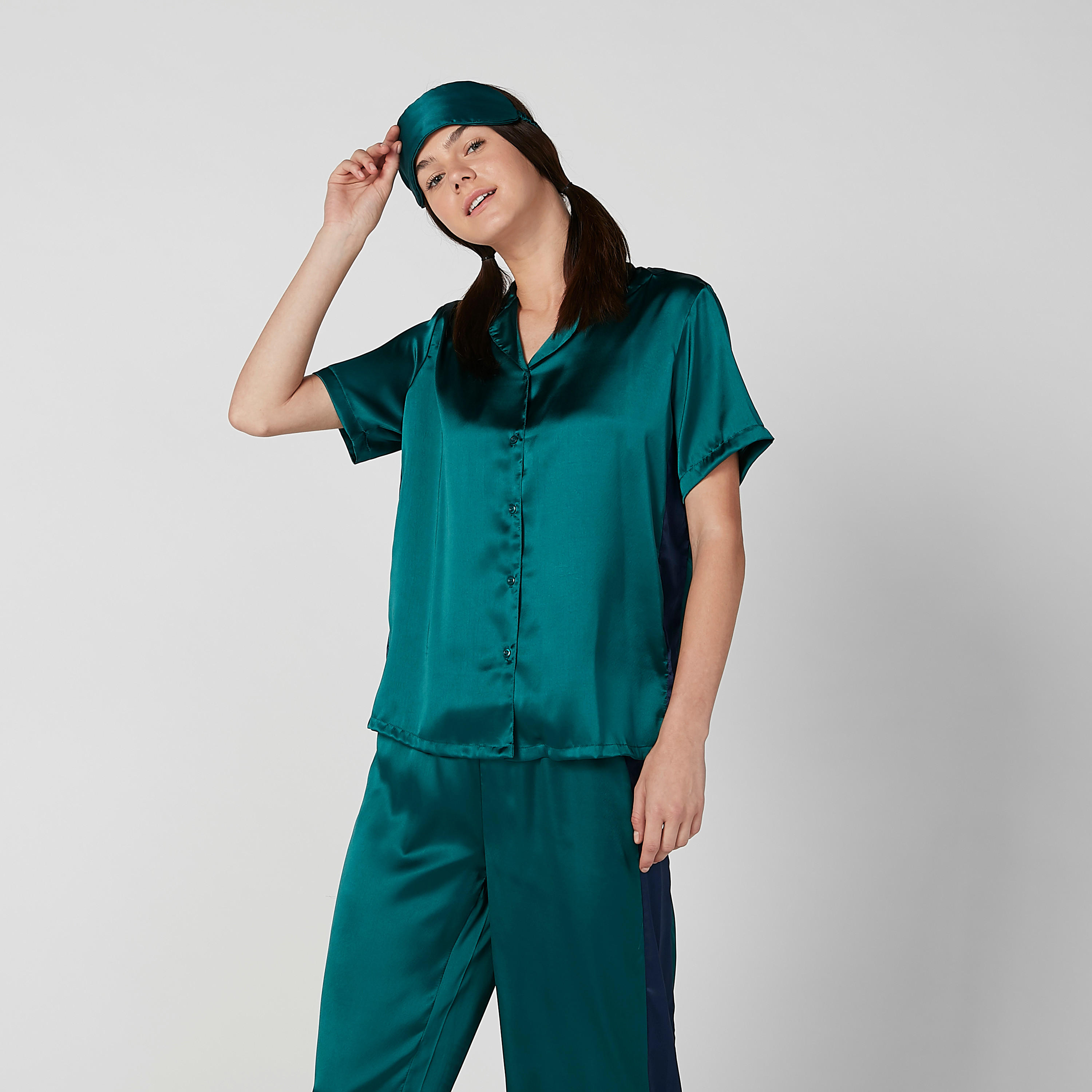 Solid Collared Shirt and Pyjama Set with Eye Mask-women-clothing-nightwear-pyjamas-longsets-image-2