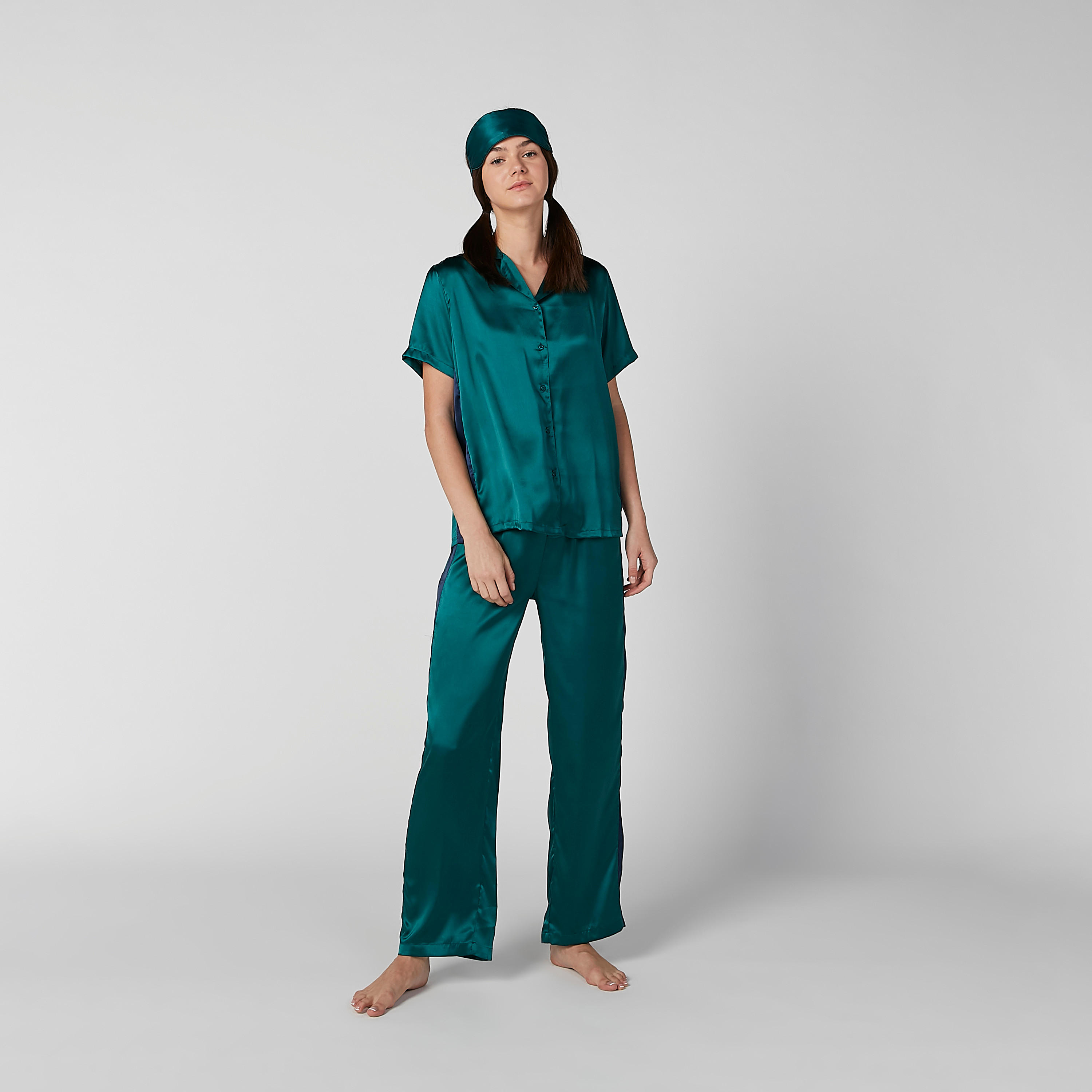 Solid Collared Shirt and Pyjama Set with Eye Mask-women-clothing-nightwear-pyjamas-longsets-image-3