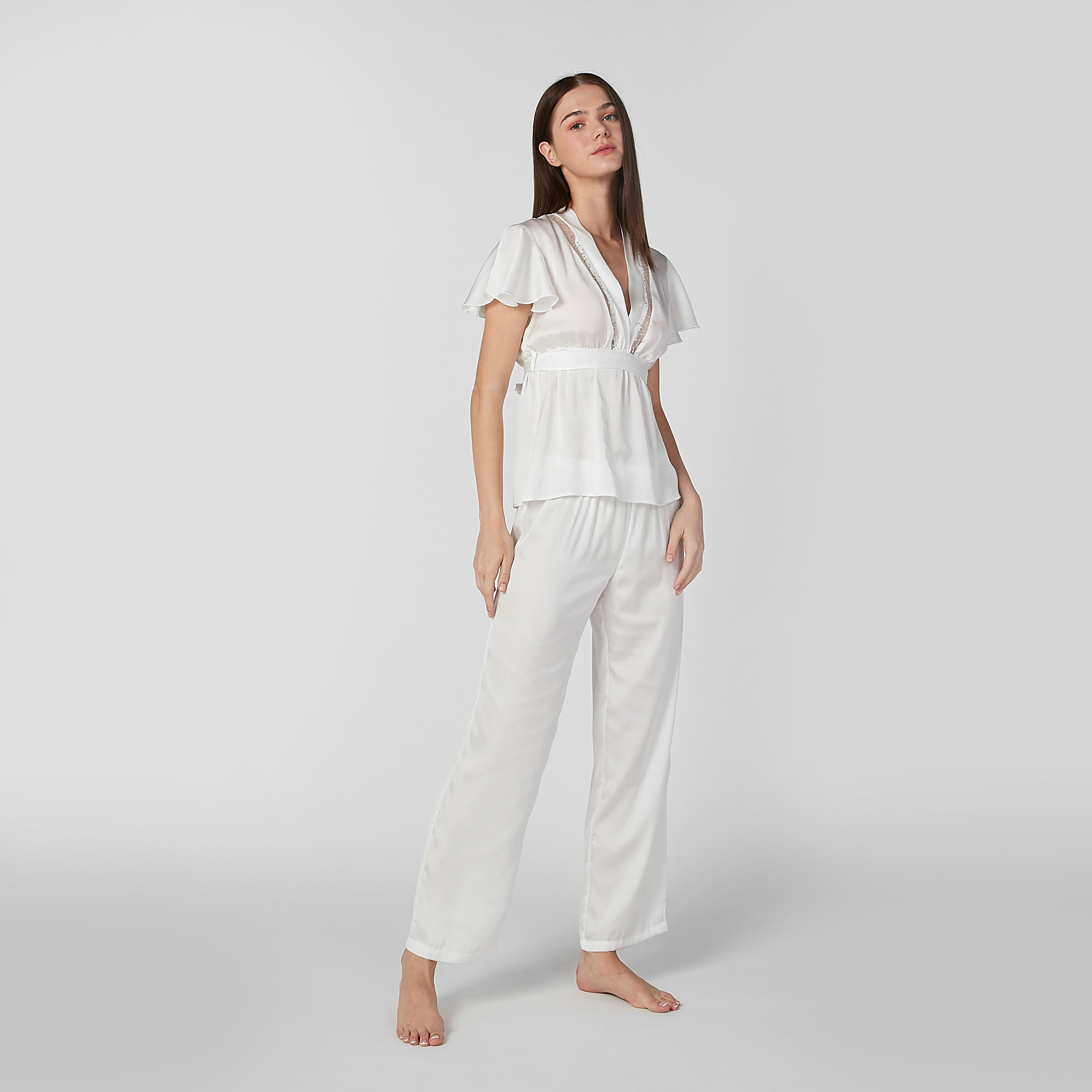 Plain V-neck Top and Full Length Pyjama Set-women-clothing-nightwear-pyjamas-longsets-image-1