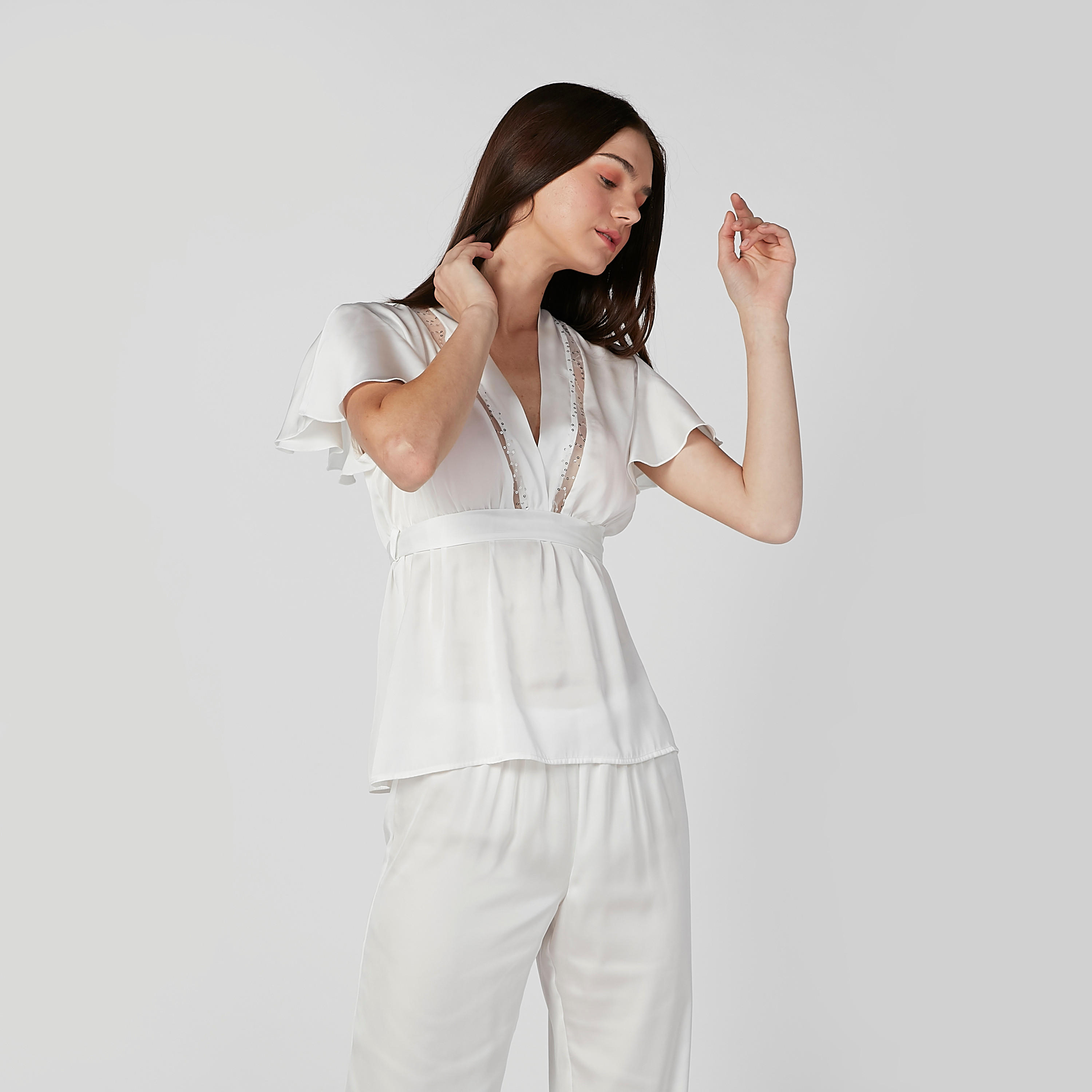Plain V-neck Top and Full Length Pyjama Set-women-clothing-nightwear-pyjamas-longsets-image-2