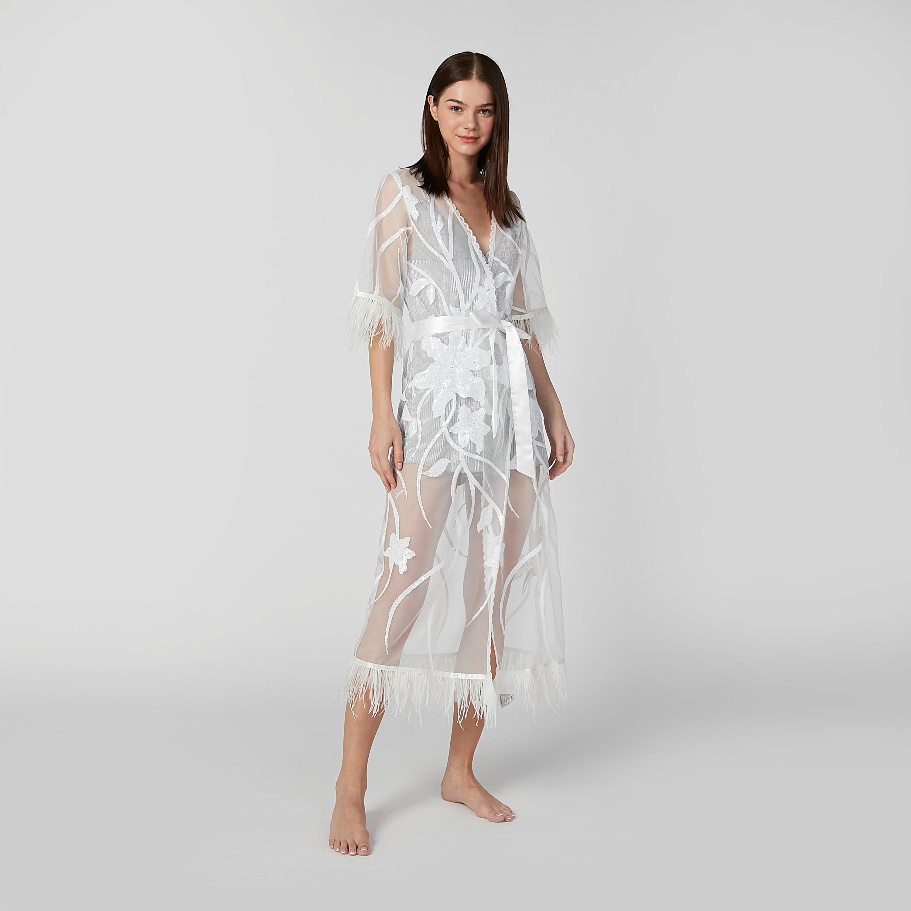 روب بارز الملمس بأكمام 3/4 وأربطة وشراشيب-women-clothing-nightwear-robes-image-1