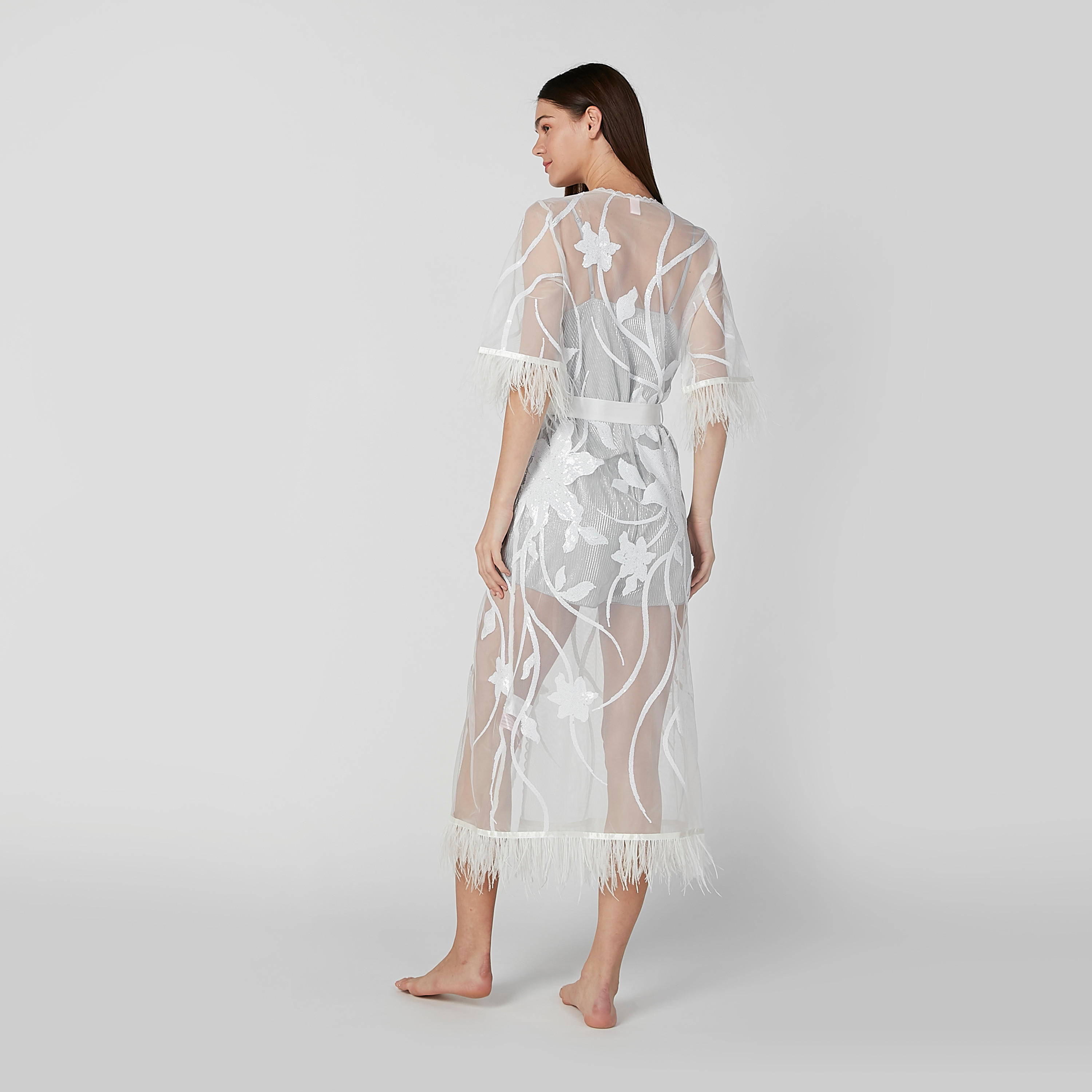 روب بارز الملمس بأكمام 3/4 وأربطة وشراشيب-women-clothing-nightwear-robes-image-3