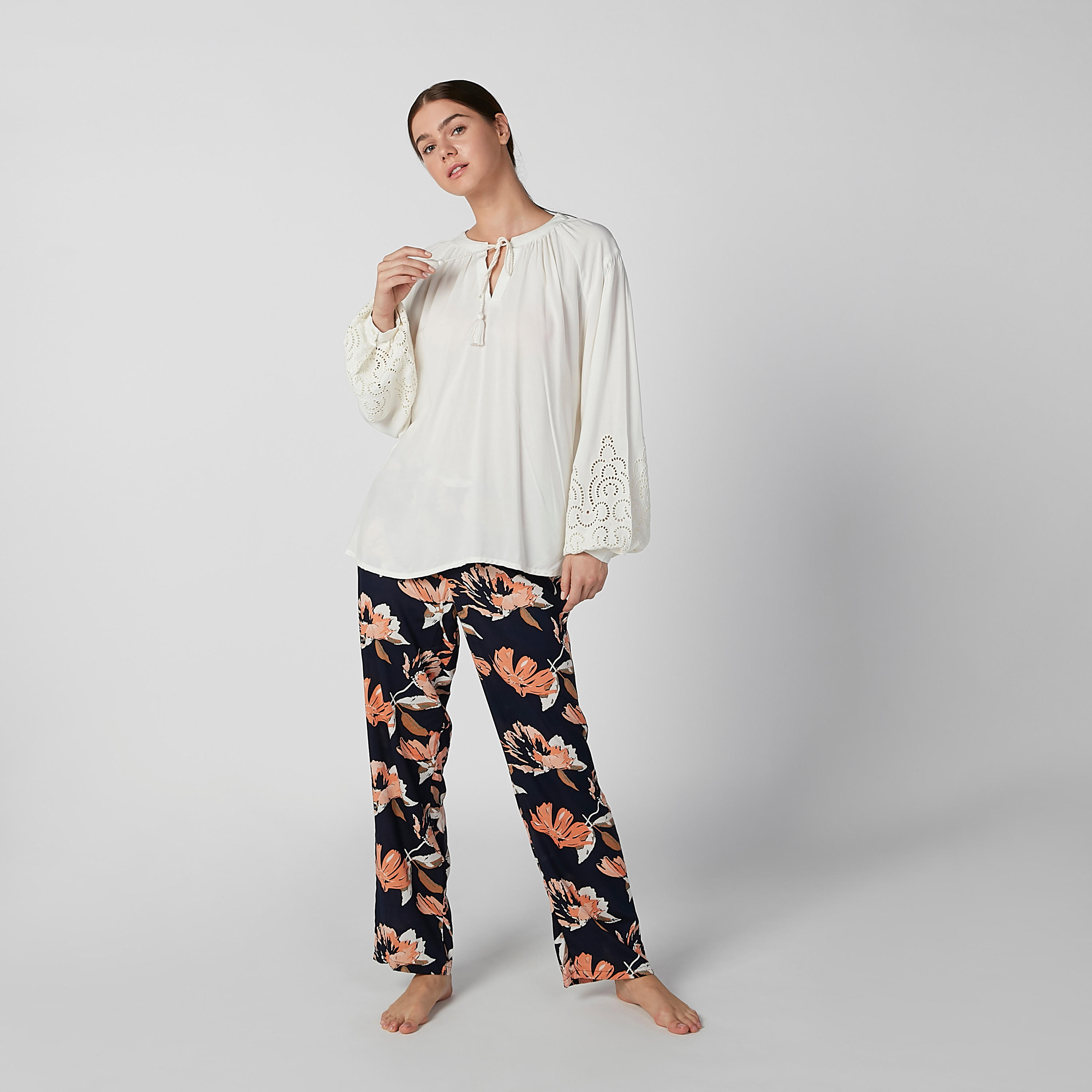 Plain Top with Tie Ups and Full Length Printed Pyjama Set-women-clothing-nightwear-pyjamas-longsets-image-1