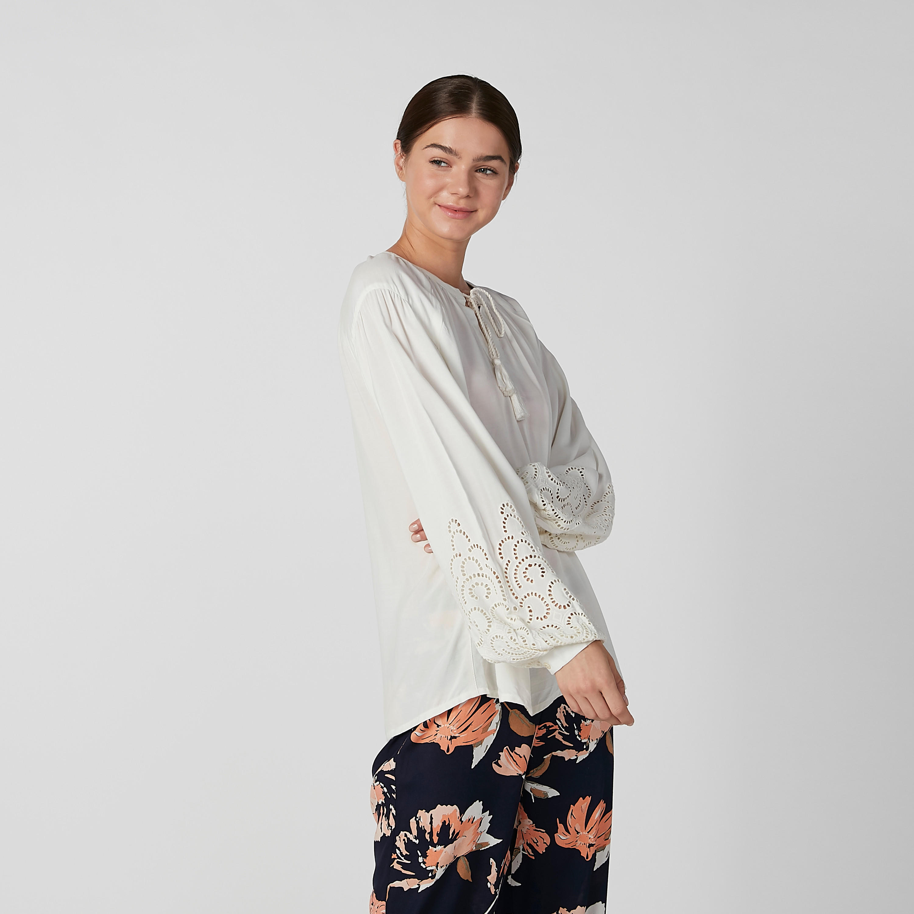 Plain Top with Tie Ups and Full Length Printed Pyjama Set-women-clothing-nightwear-pyjamas-longsets-image-2