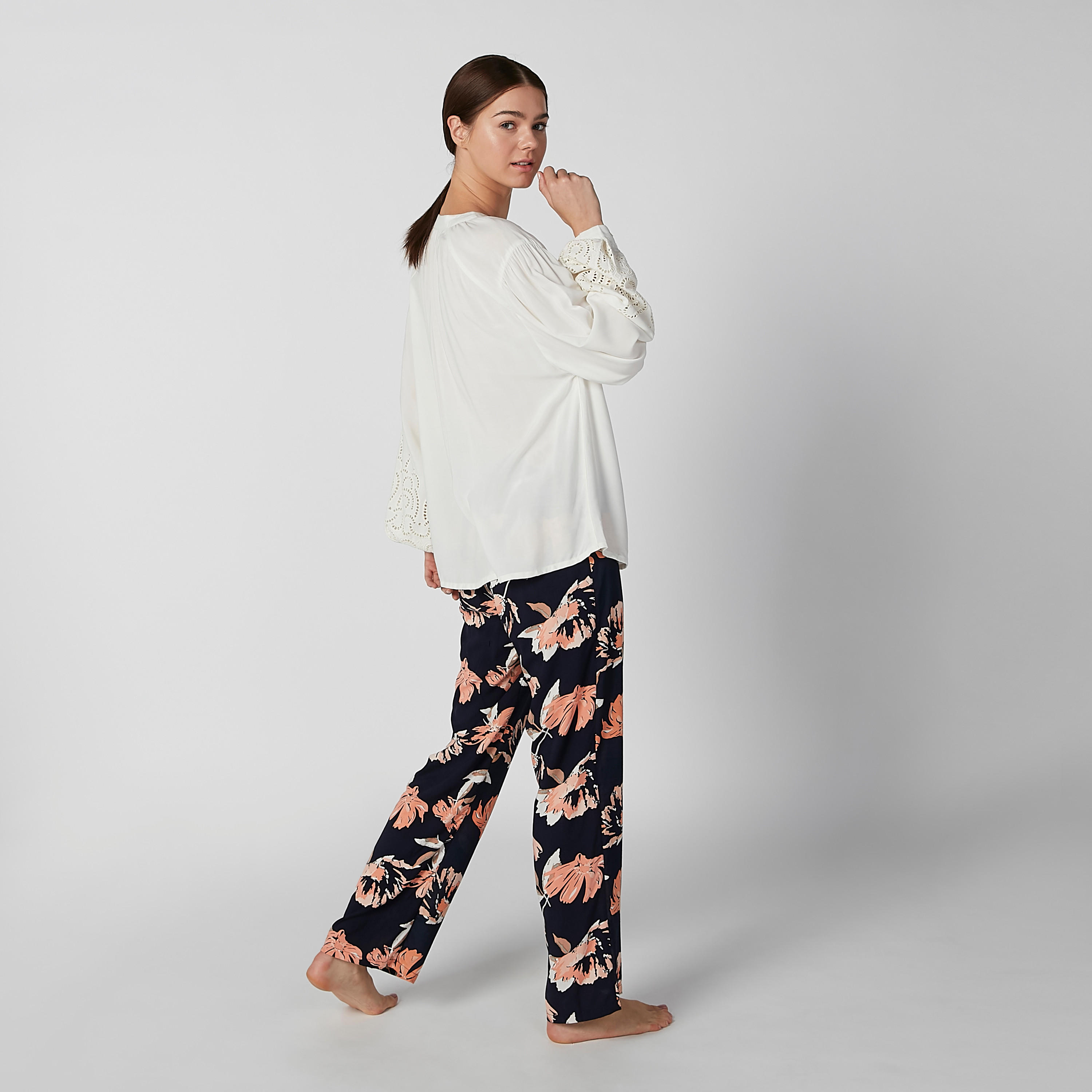 Plain Top with Tie Ups and Full Length Printed Pyjama Set-women-clothing-nightwear-pyjamas-longsets-image-3