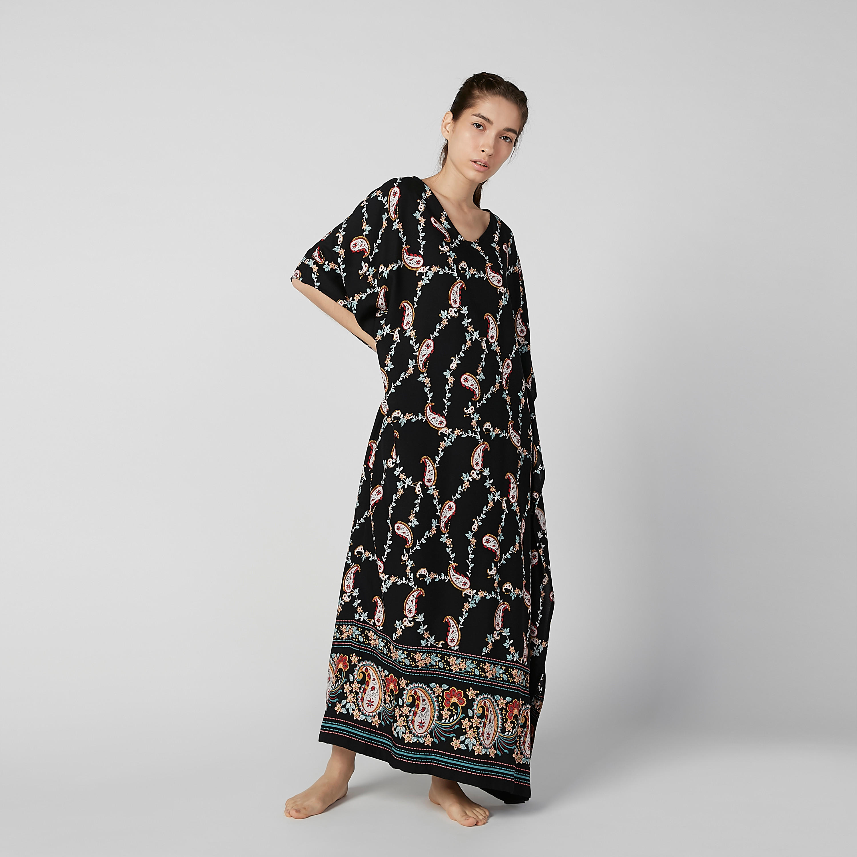 Printed Maxi Kaftan Night Dress with 3/4 Sleeves-women-clothing-nightwear-nighties-image-1